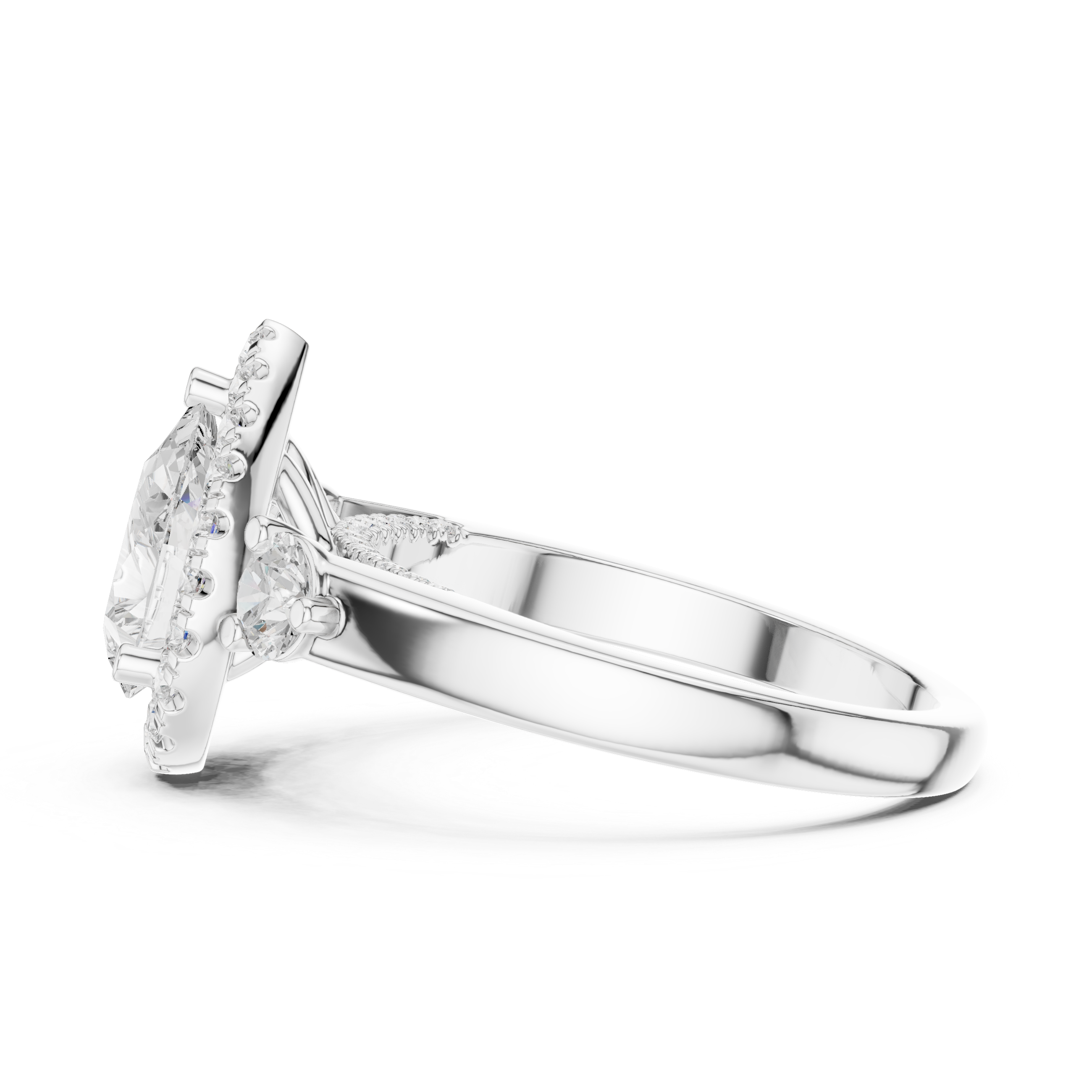 Pear Shaped Diamond Halo Ring with Round Side Stones