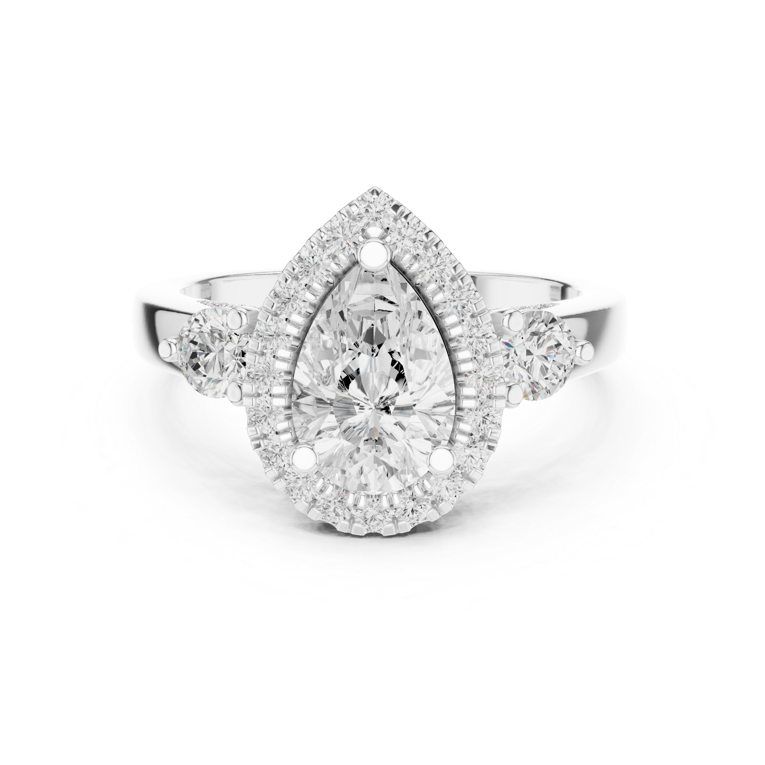 Pear Shaped Diamond Halo Ring with Round Side Stones