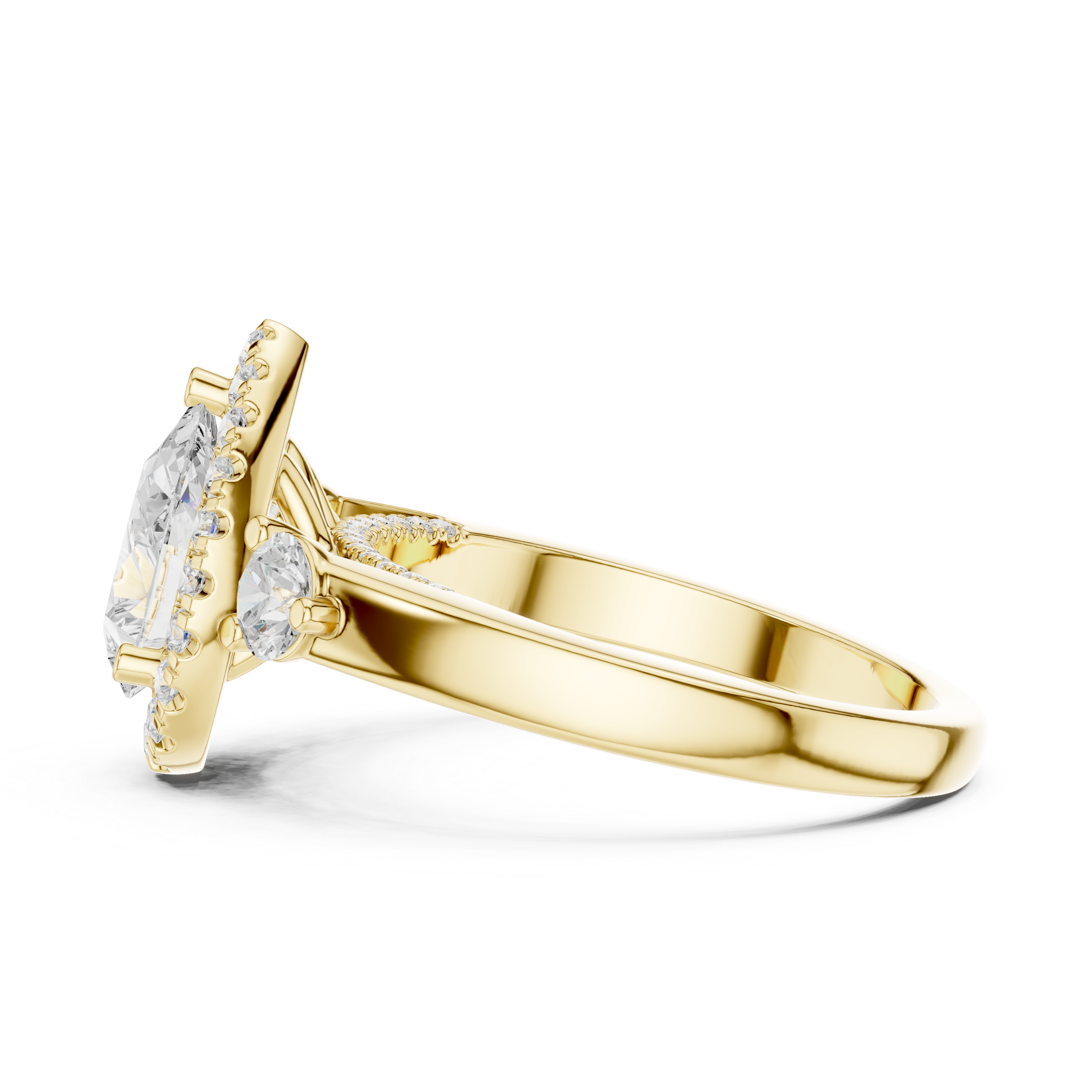 Pear Shaped Diamond Halo Ring with Round Side Stones