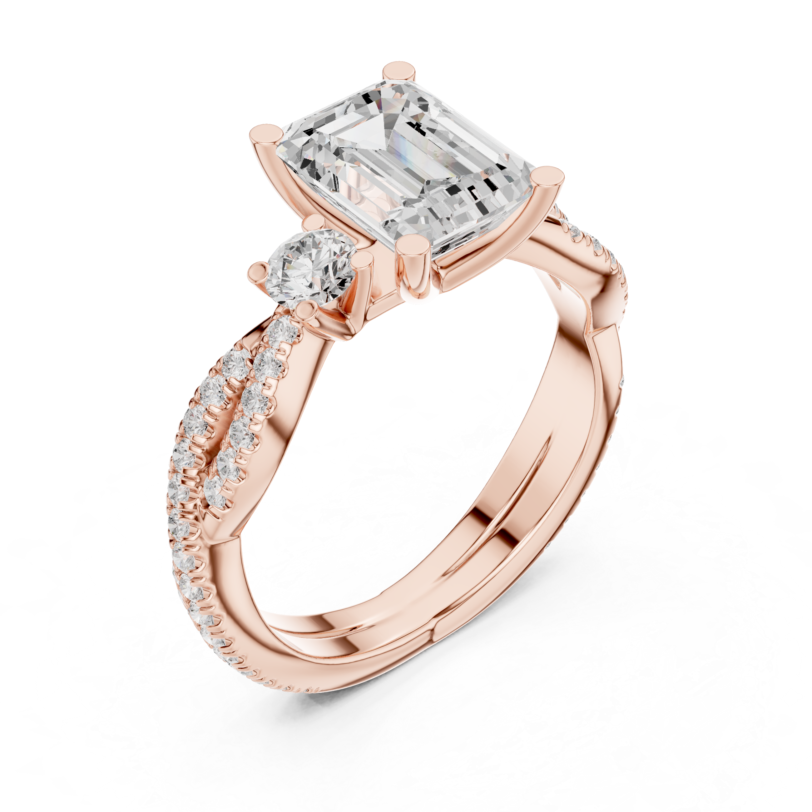 Emerald Cut Diamond Ring with Twisted Pav‚ Band and Side Stones