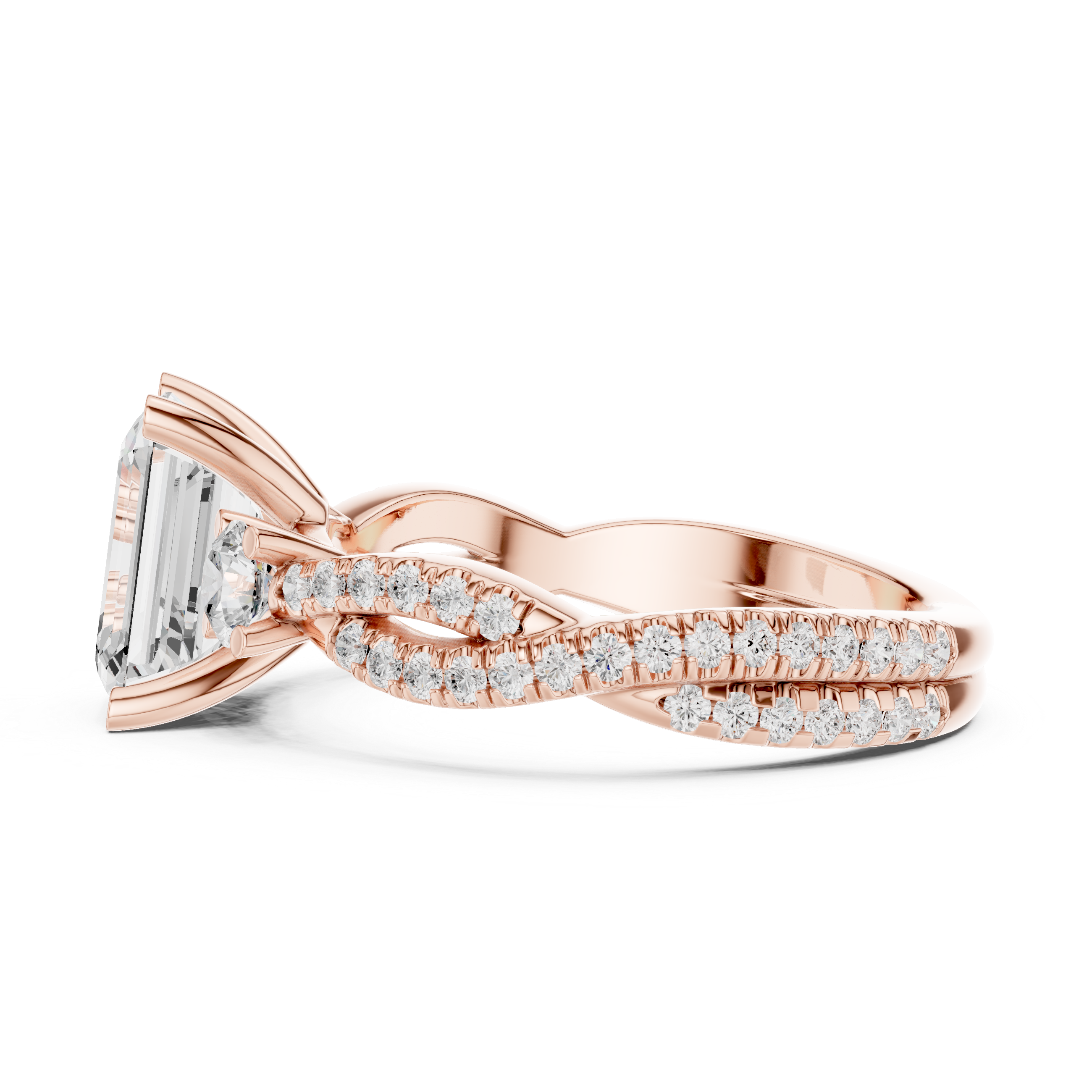 Emerald Cut Diamond Ring with Twisted Pav‚ Band and Side Stones