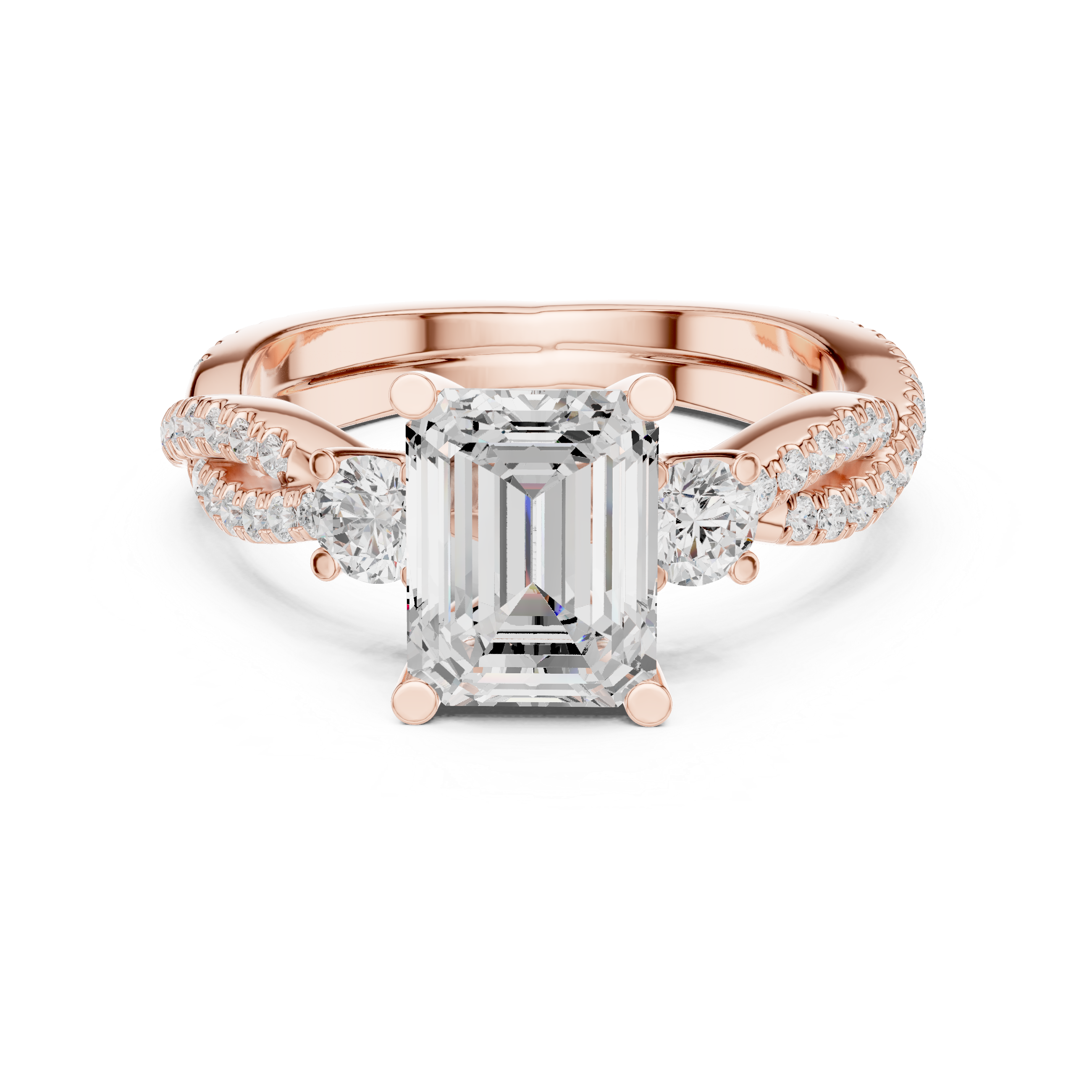 Emerald Cut Diamond Ring with Twisted Pav‚ Band and Side Stones