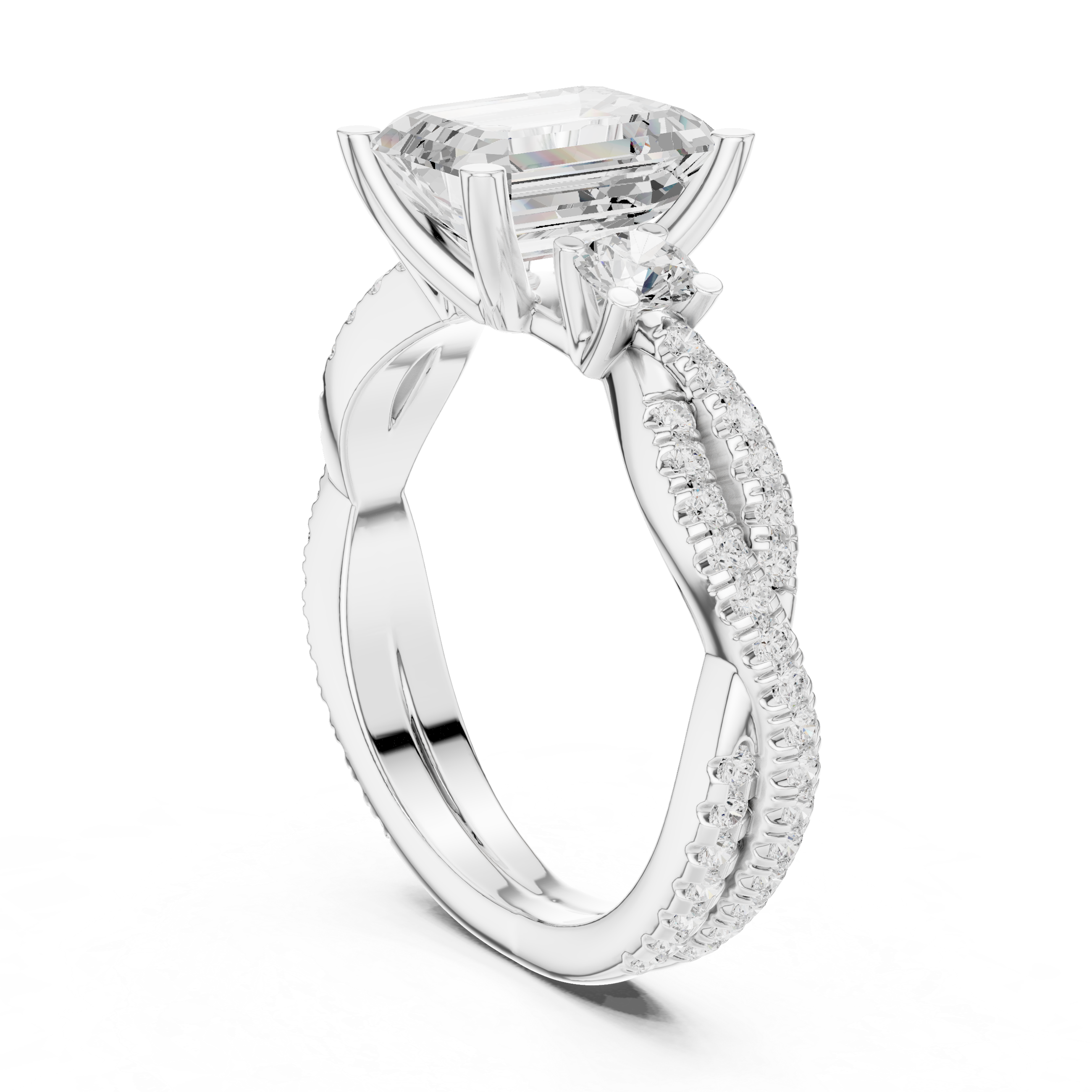 Emerald Cut Diamond Ring with Twisted Pav‚ Band and Side Stones