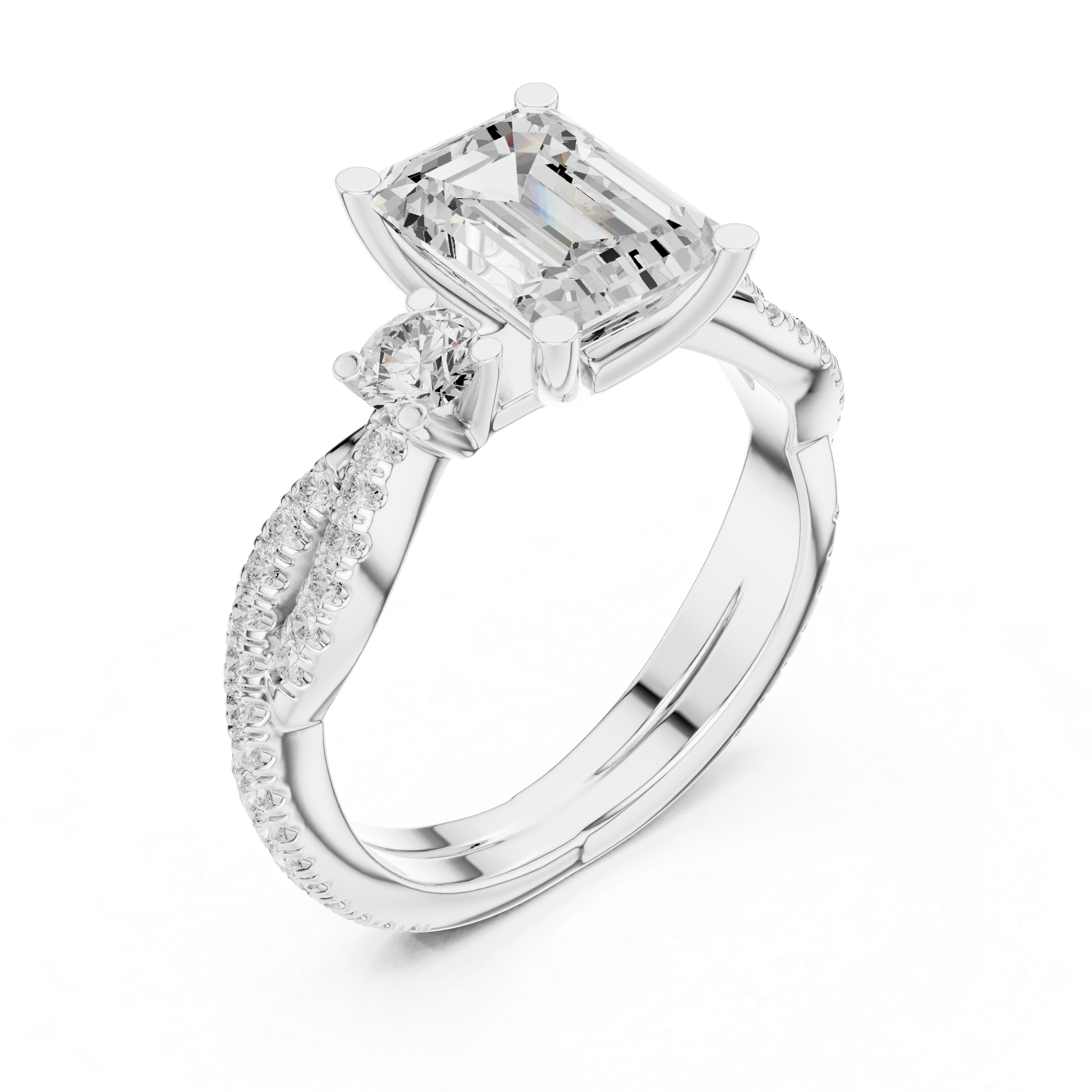 Emerald Cut Diamond Ring with Twisted Pav‚ Band and Side Stones