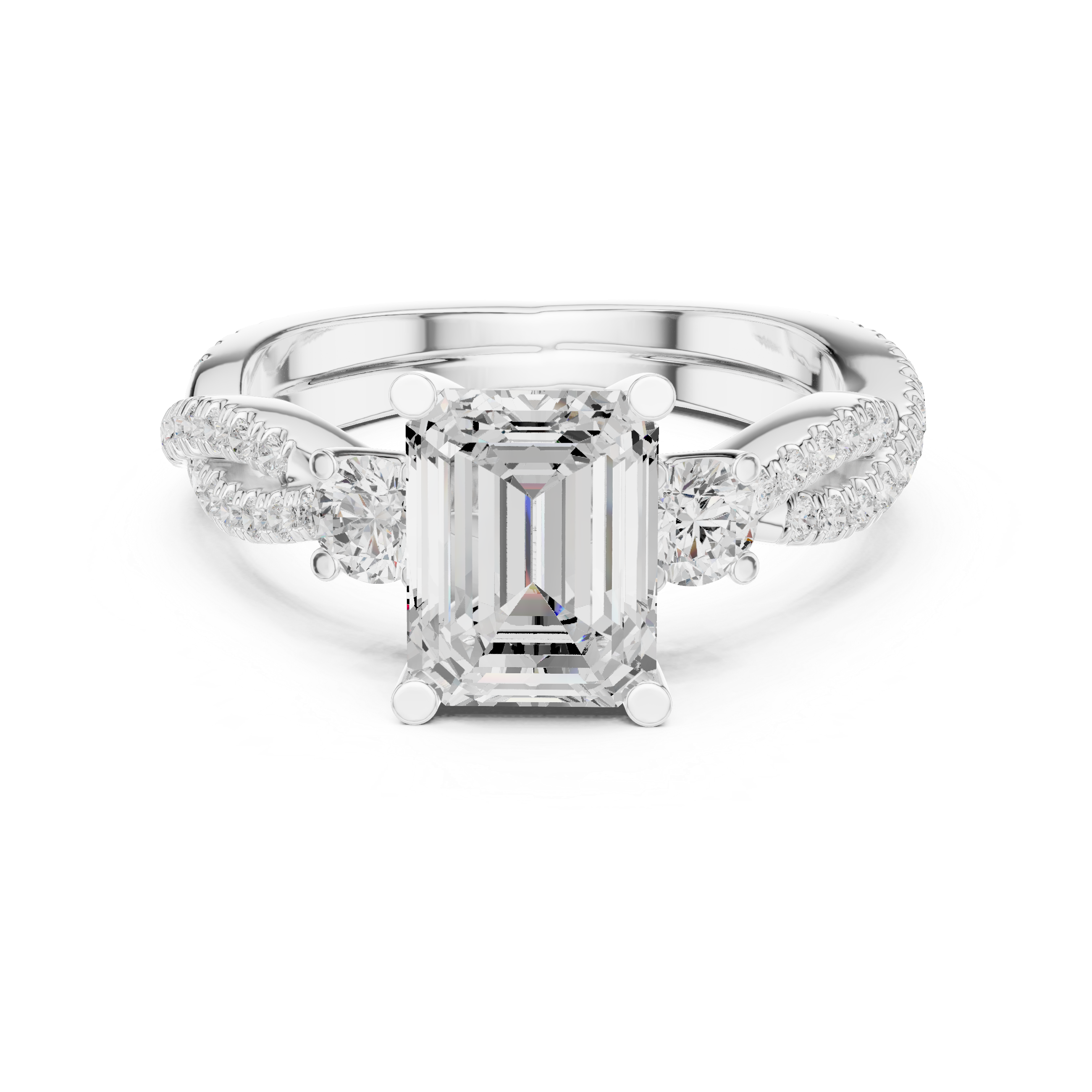 Emerald Cut Diamond Ring with Twisted Pav‚ Band and Side Stones