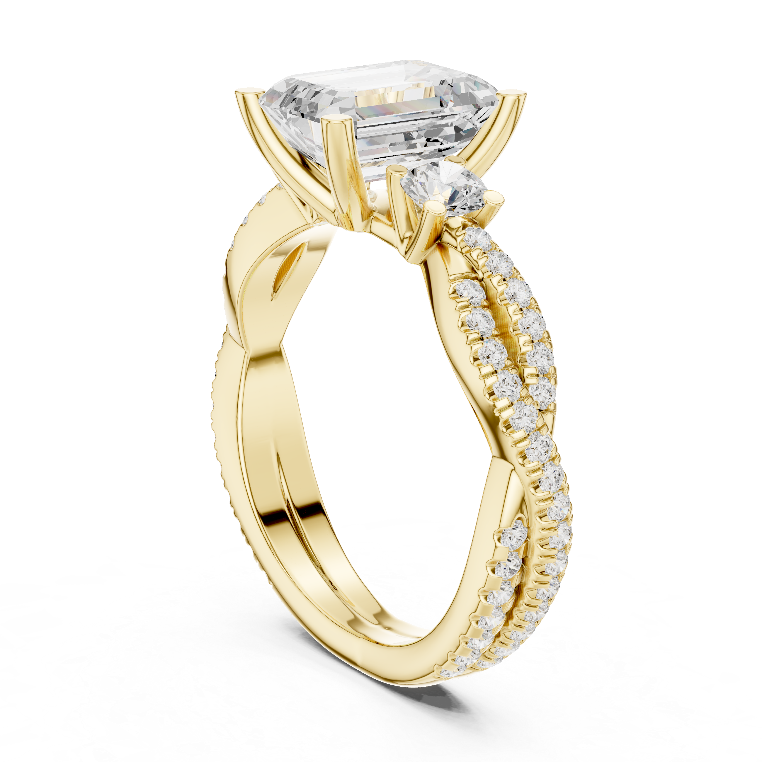 Emerald Cut Diamond Ring with Twisted Pav‚ Band and Side Stones