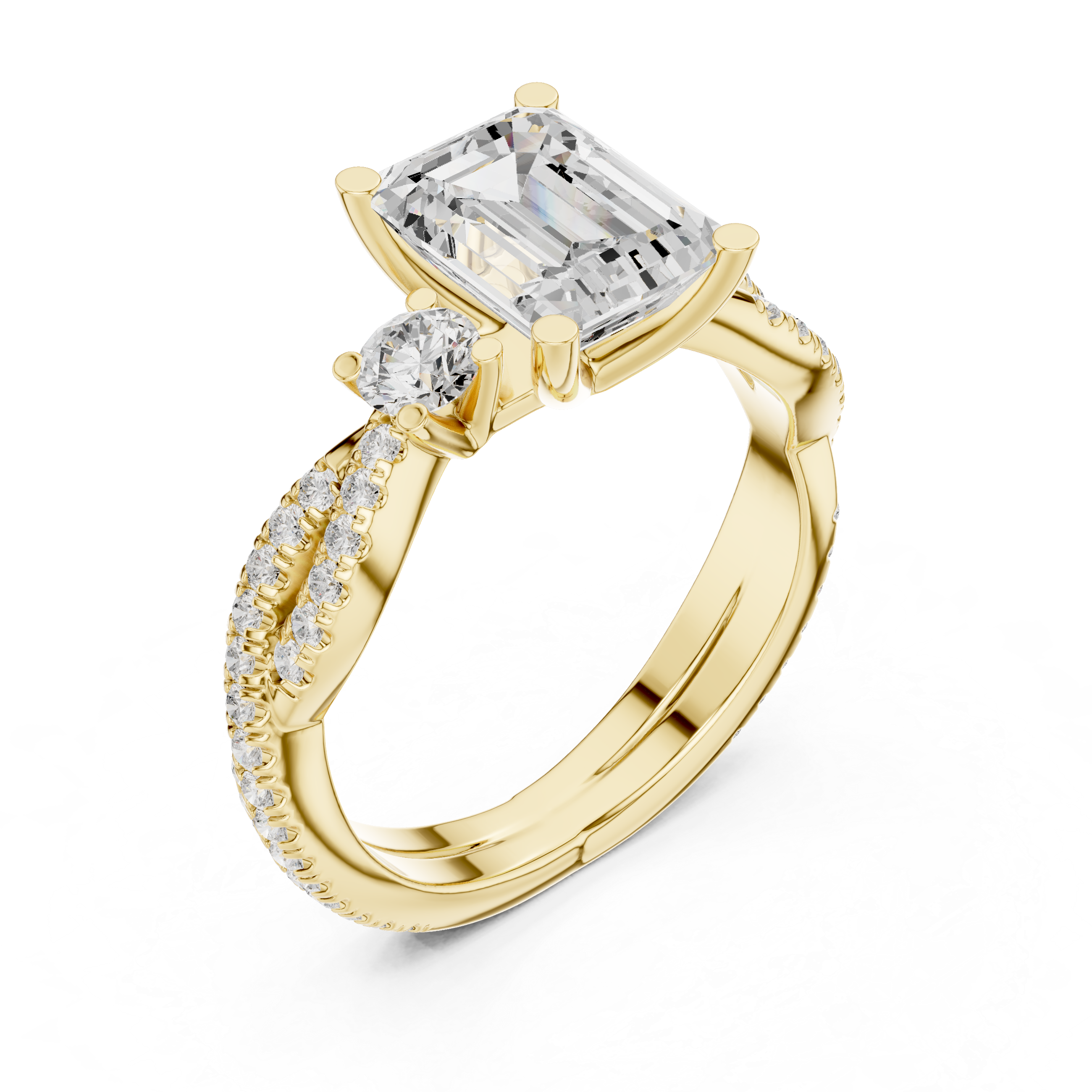 Emerald Cut Diamond Ring with Twisted Pav‚ Band and Side Stones