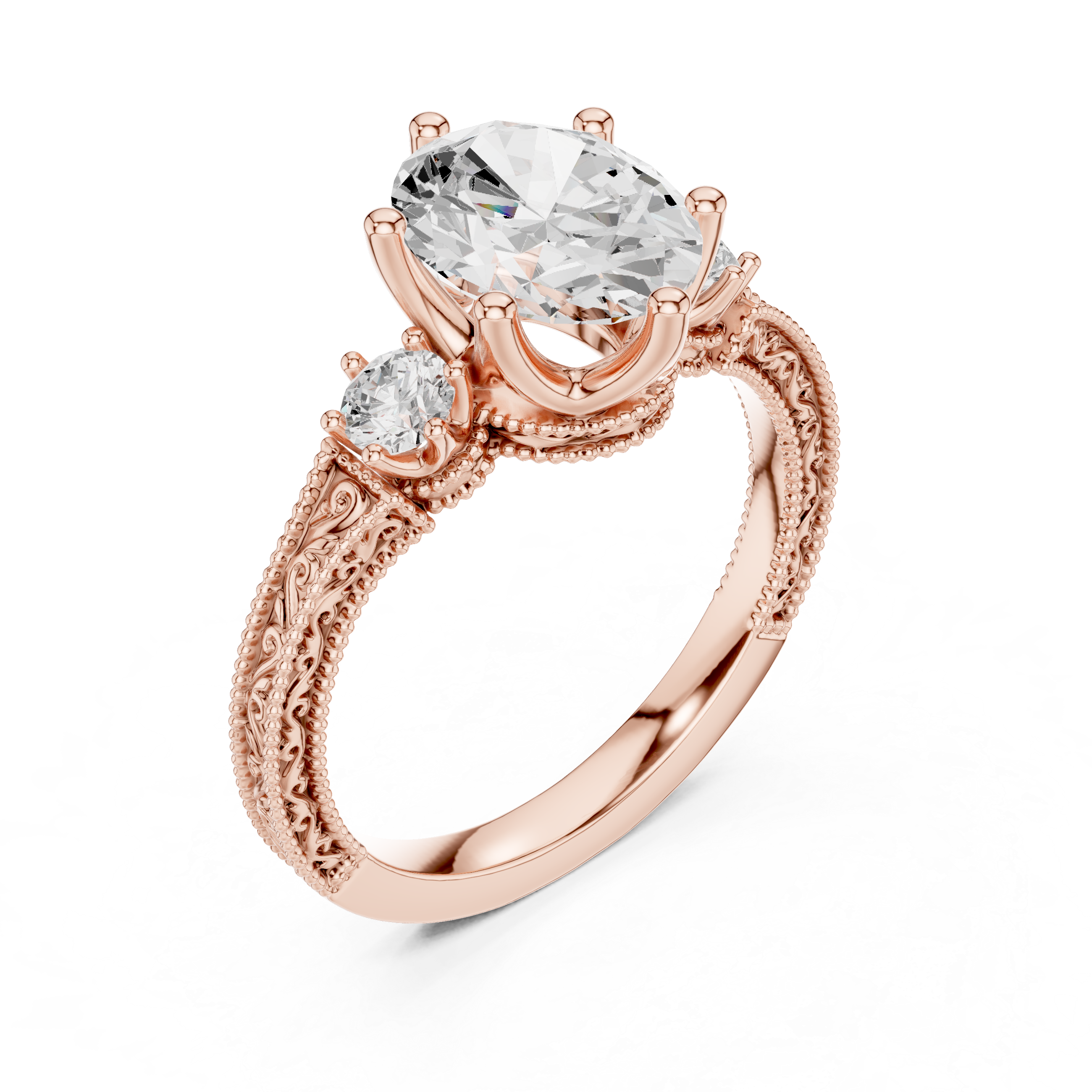 Oval-Cut Diamond Ring with Intricate Filigree Band and Side Stones