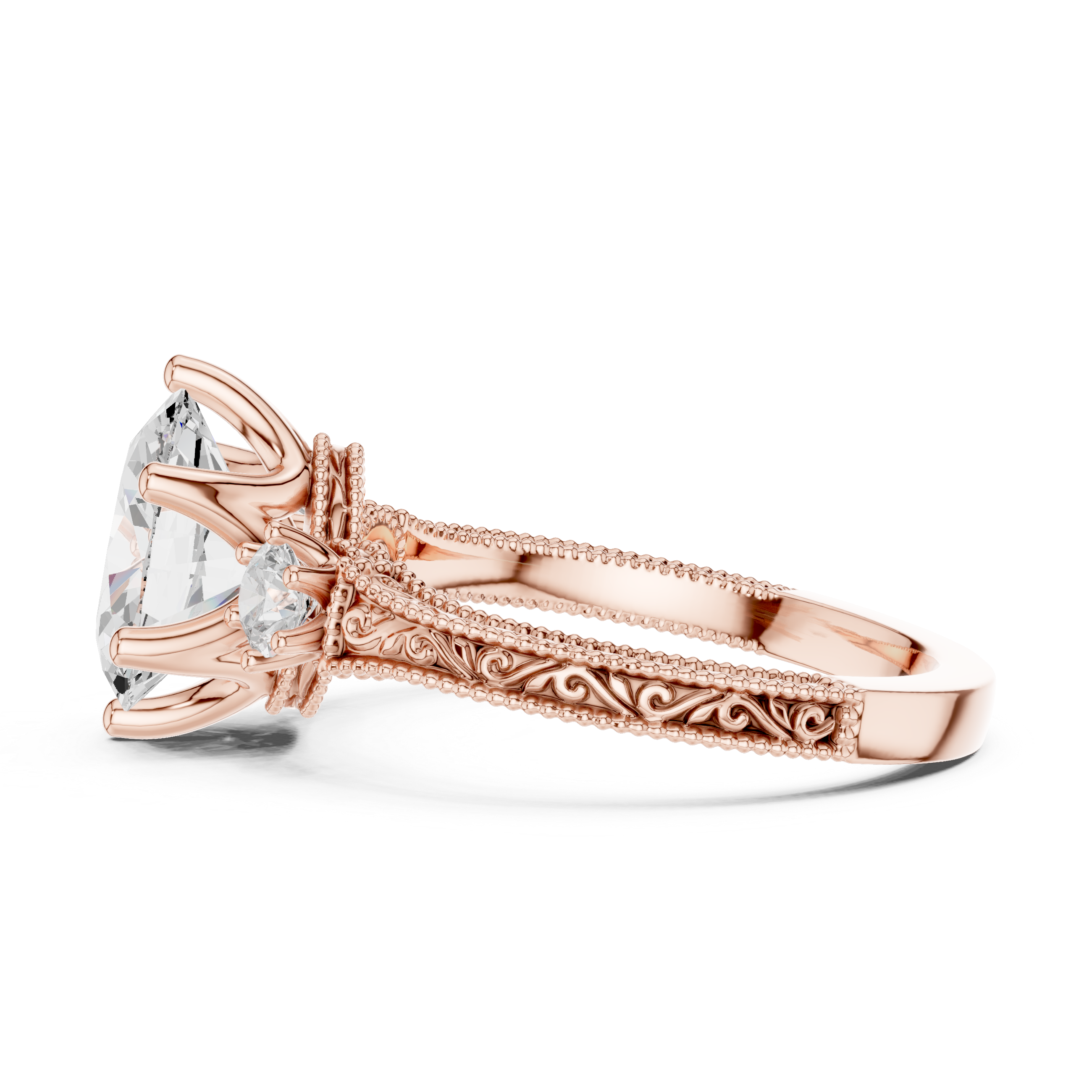 Oval-Cut Diamond Ring with Intricate Filigree Band and Side Stones