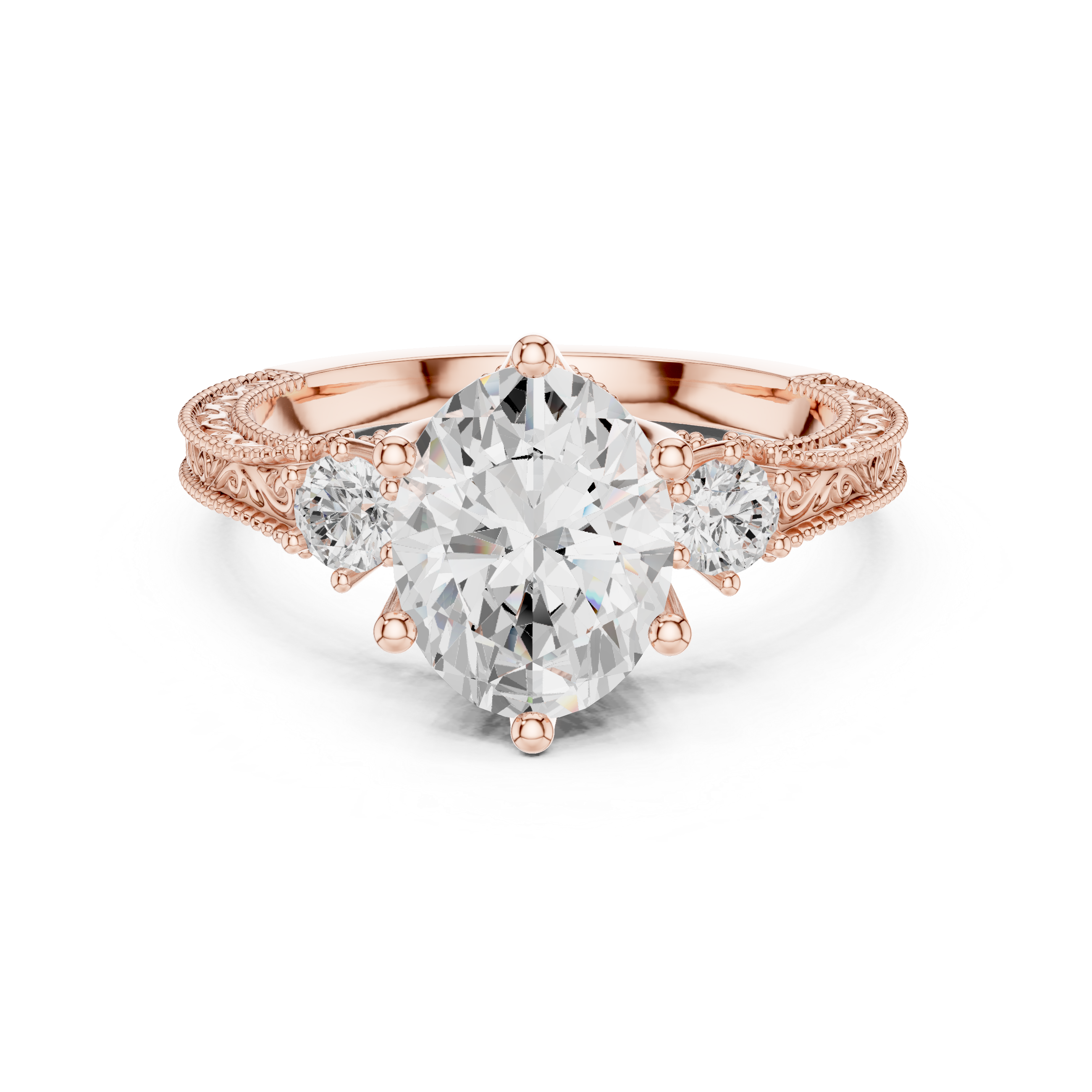 Oval-Cut Diamond Ring with Intricate Filigree Band and Side Stones