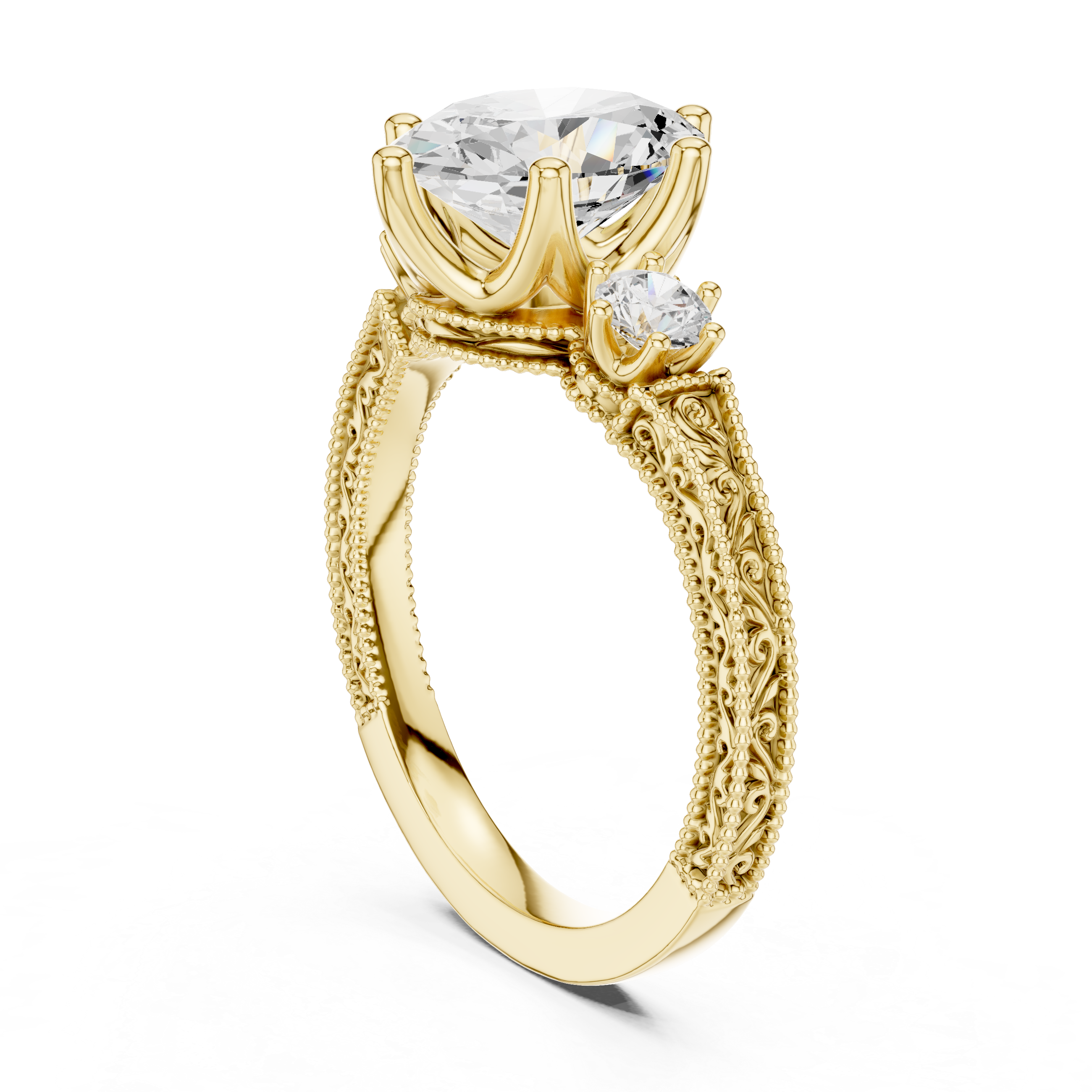 Oval-Cut Diamond Ring with Intricate Filigree Band and Side Stones