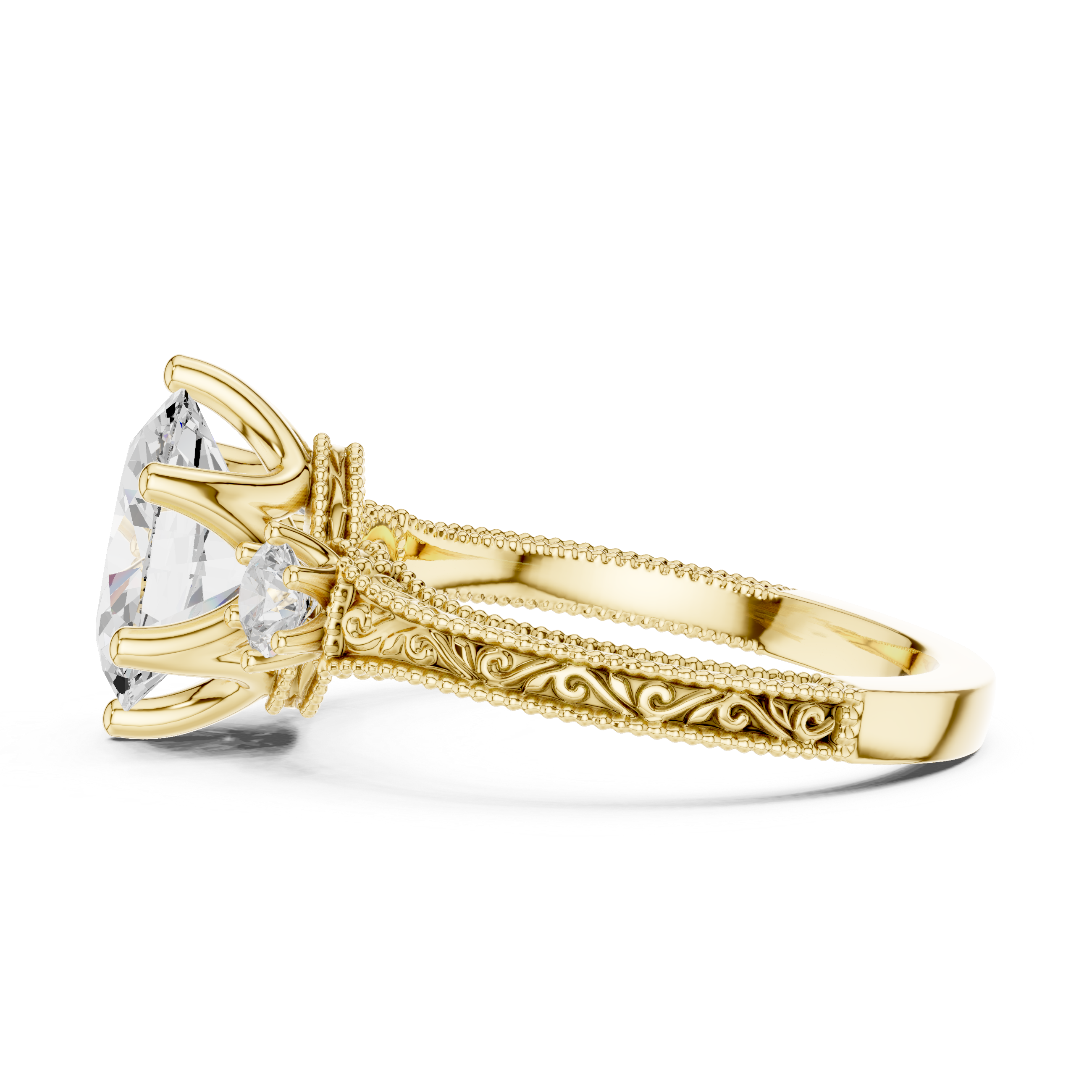 Oval-Cut Diamond Ring with Intricate Filigree Band and Side Stones