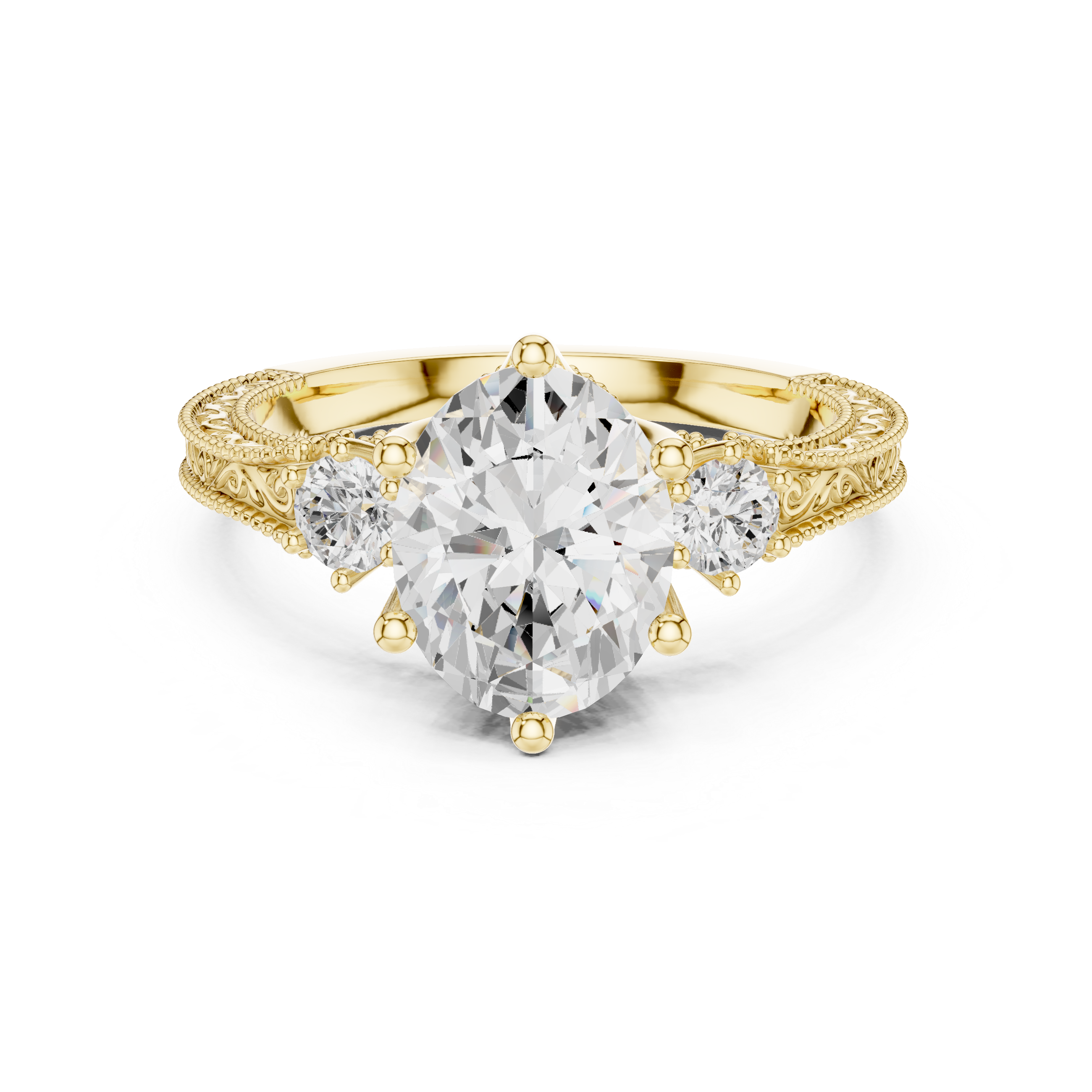 Oval-Cut Diamond Ring with Intricate Filigree Band and Side Stones