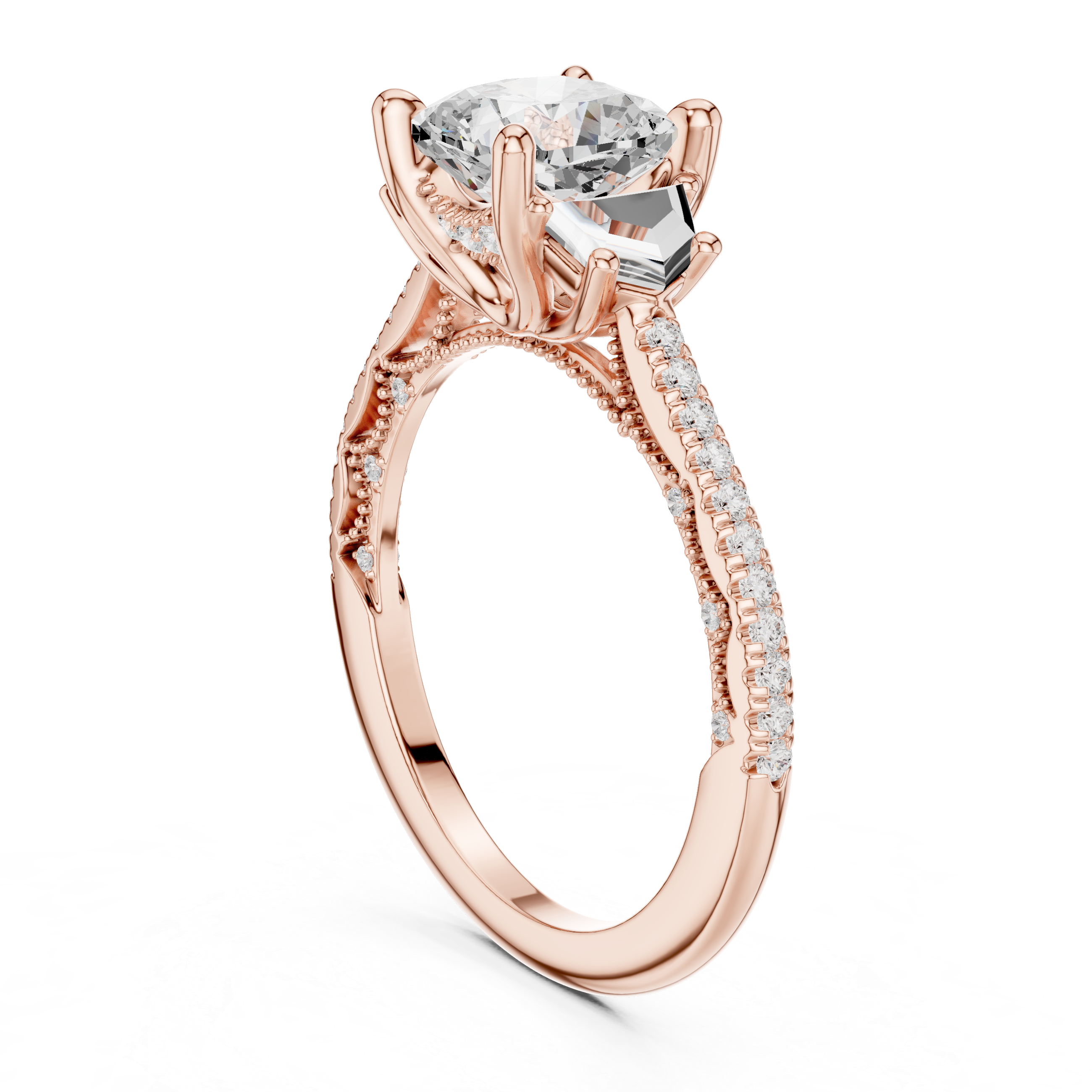 Cushion-Cut Diamond Ring with Trapezoid Side Stones and Pave Band