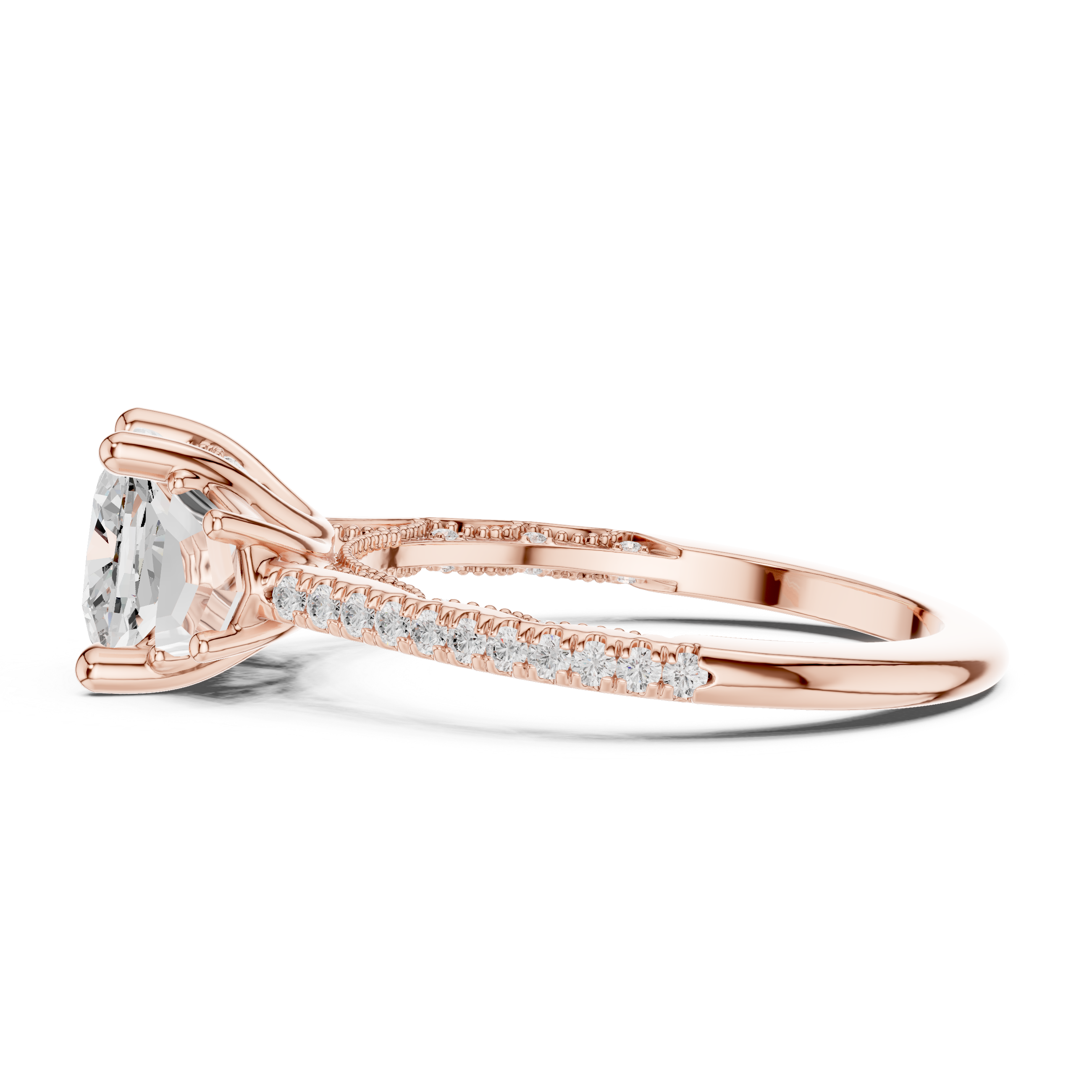 Cushion-Cut Diamond Ring with Trapezoid Side Stones and Pave Band