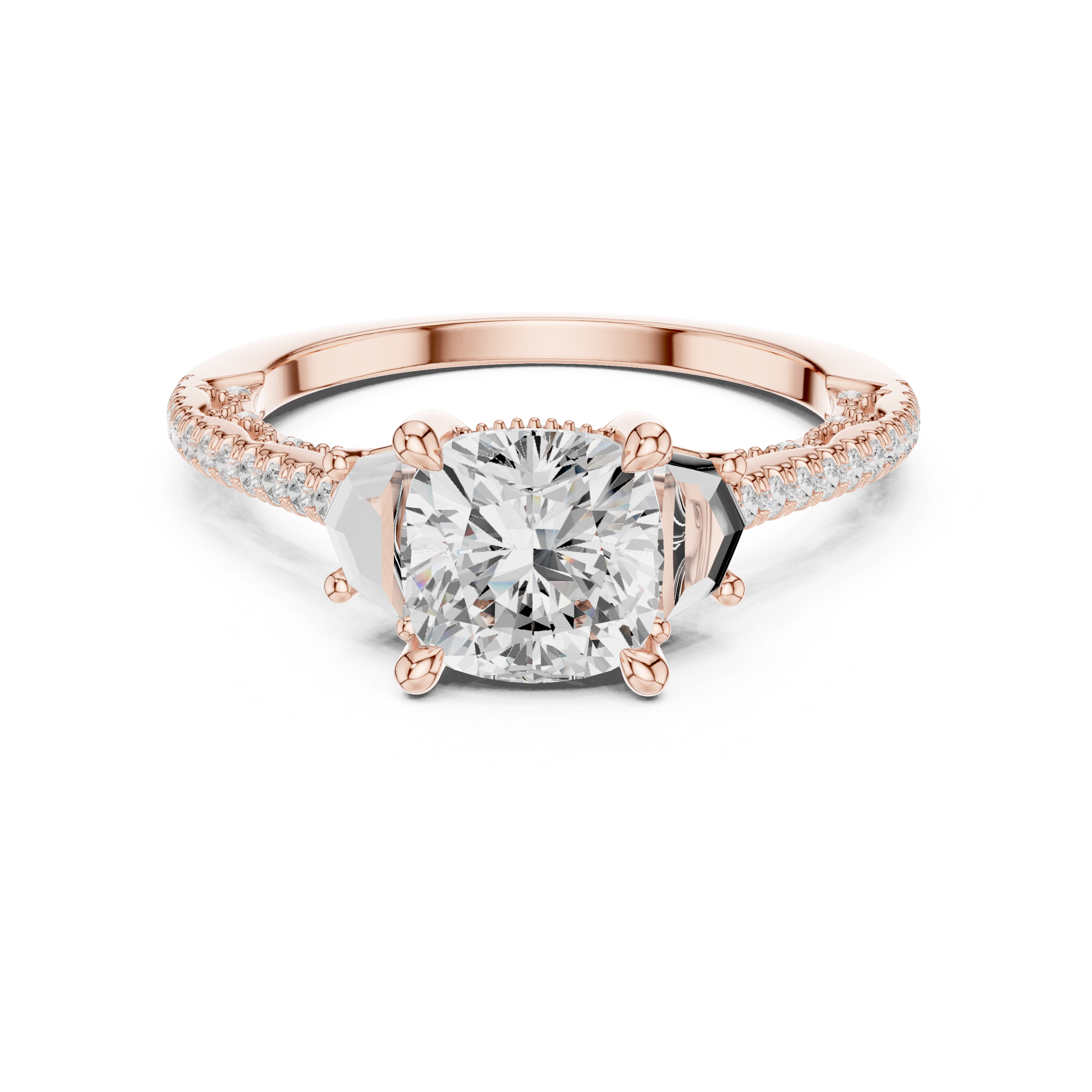 Cushion-Cut Diamond Ring with Trapezoid Side Stones and Pave Band