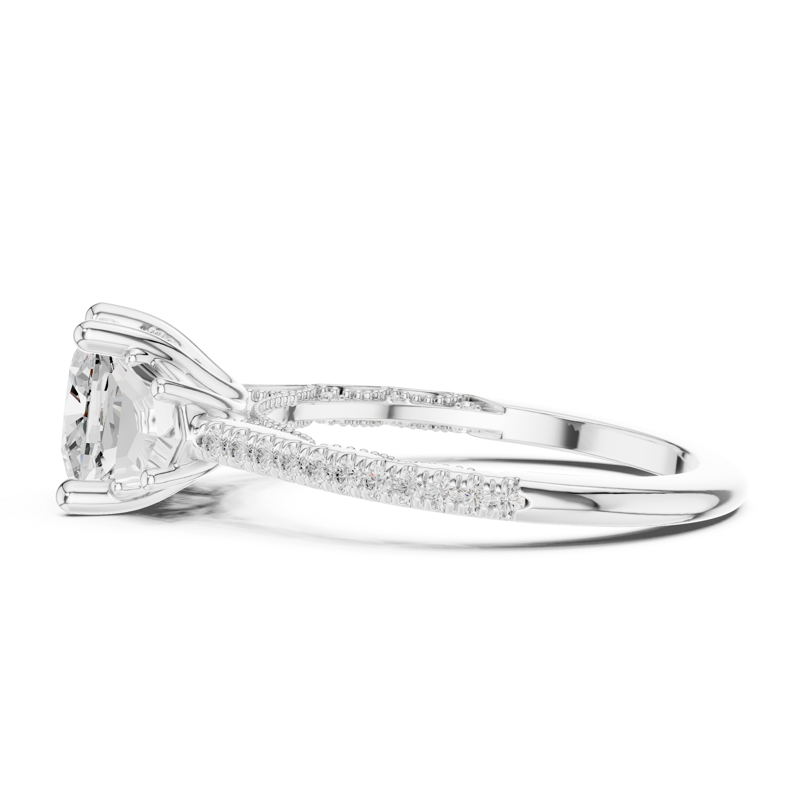 Cushion-Cut Diamond Ring with Trapezoid Side Stones and Pave Band