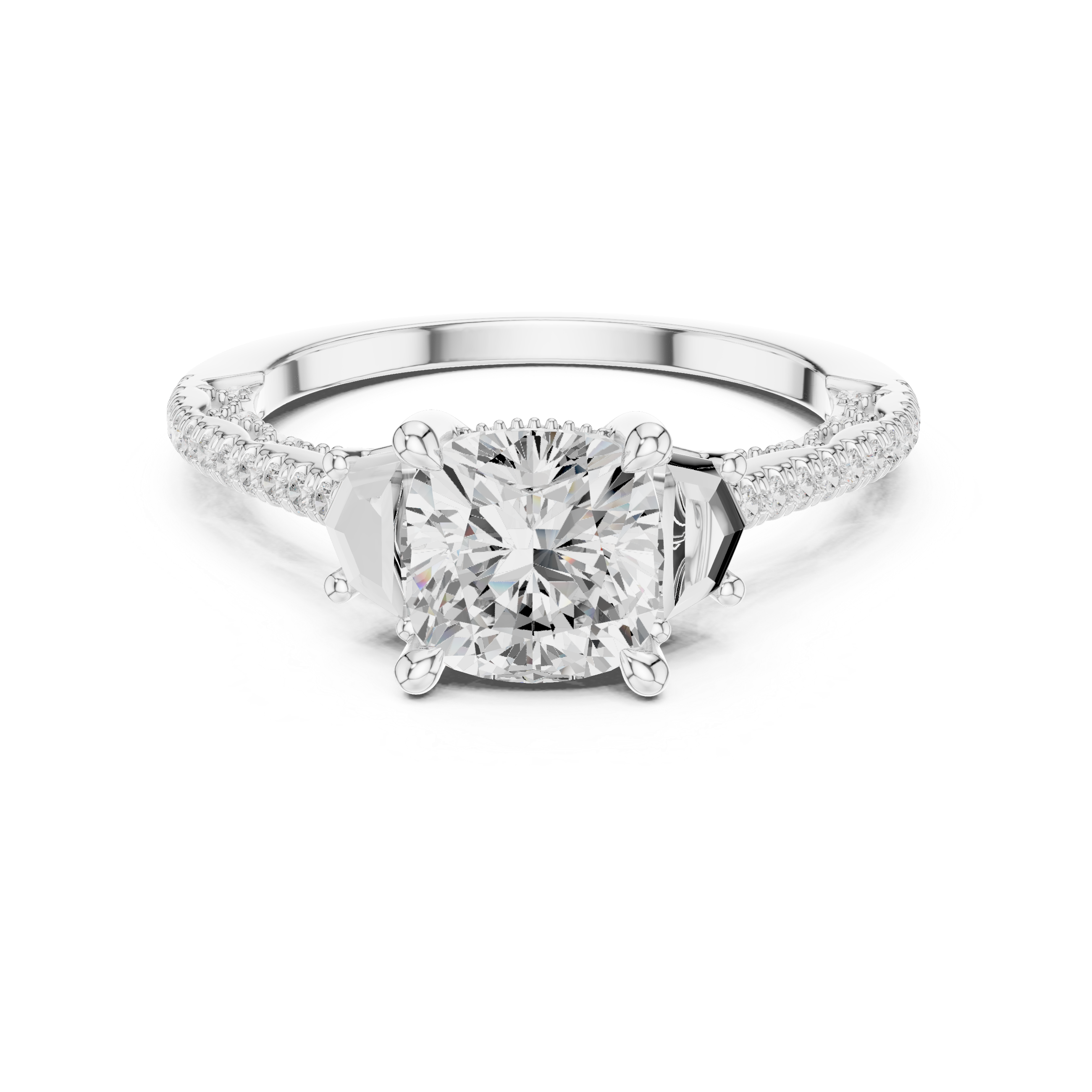 Cushion-Cut Diamond Ring with Trapezoid Side Stones and Pave Band
