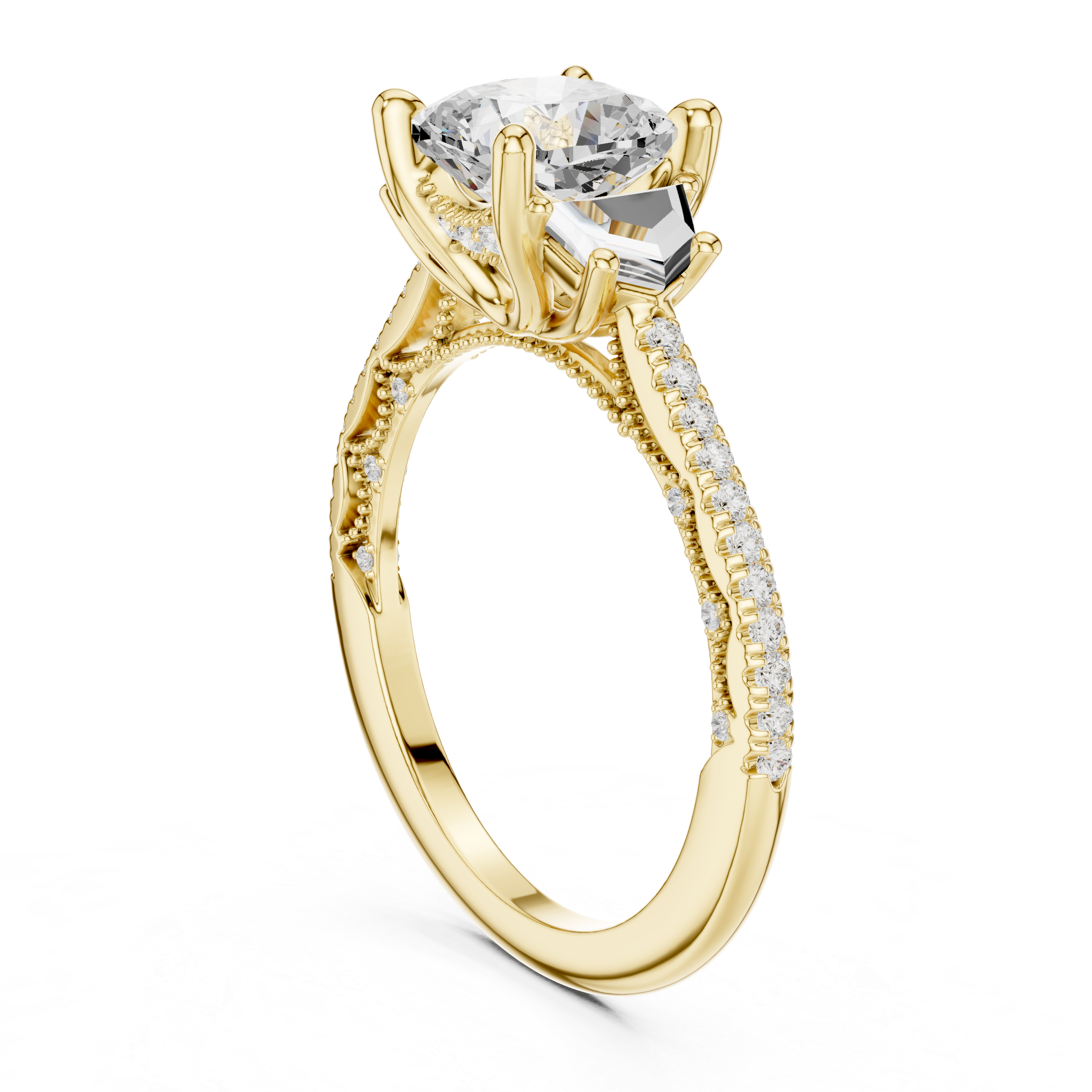 Cushion-Cut Diamond Ring with Trapezoid Side Stones and Pave Band