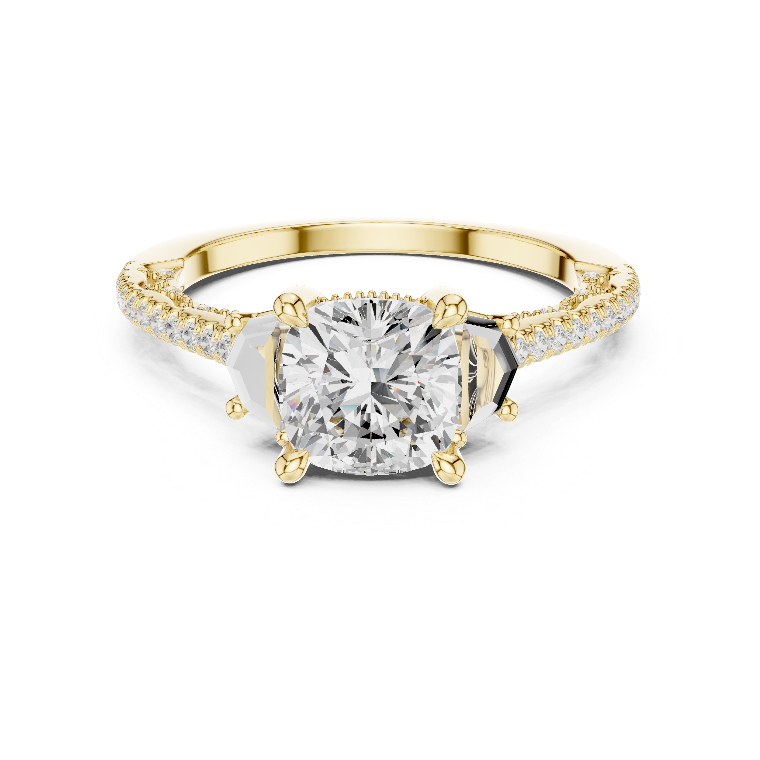 Cushion-Cut Diamond Ring with Trapezoid Side Stones and Pave Band
