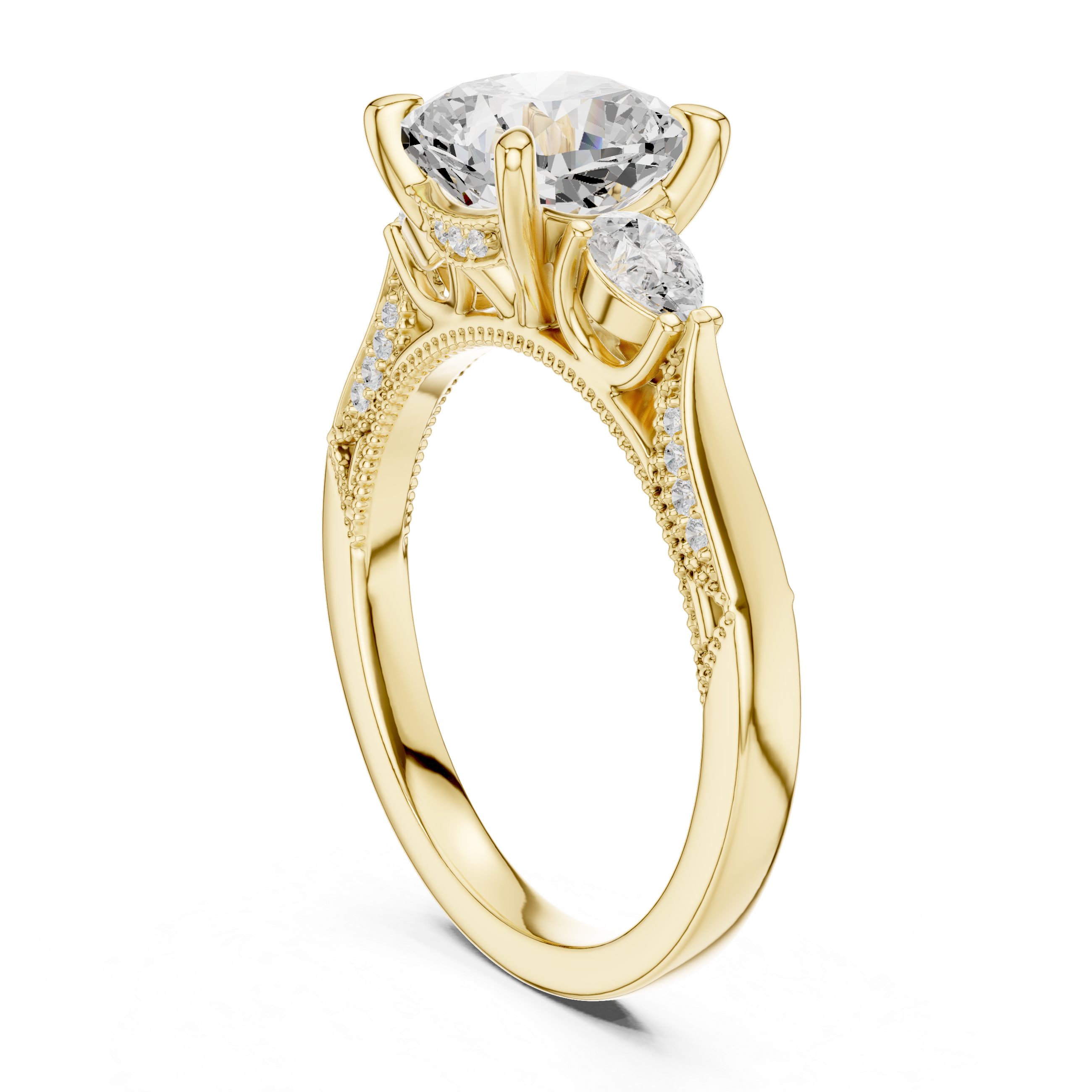 Cushion-Cut Diamond Ring with Half-Moon Side Stones