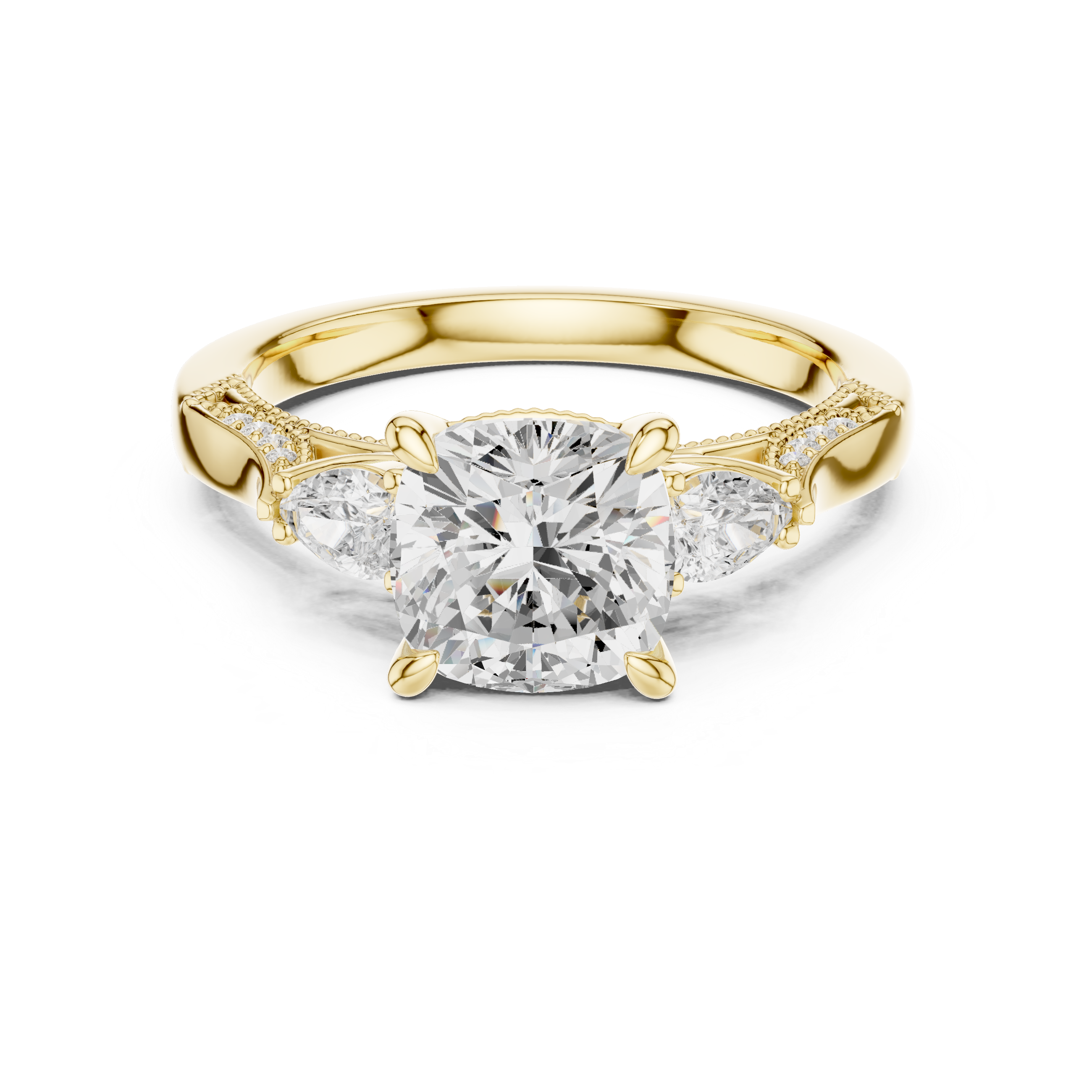 Cushion-Cut Diamond Ring with Half-Moon Side Stones