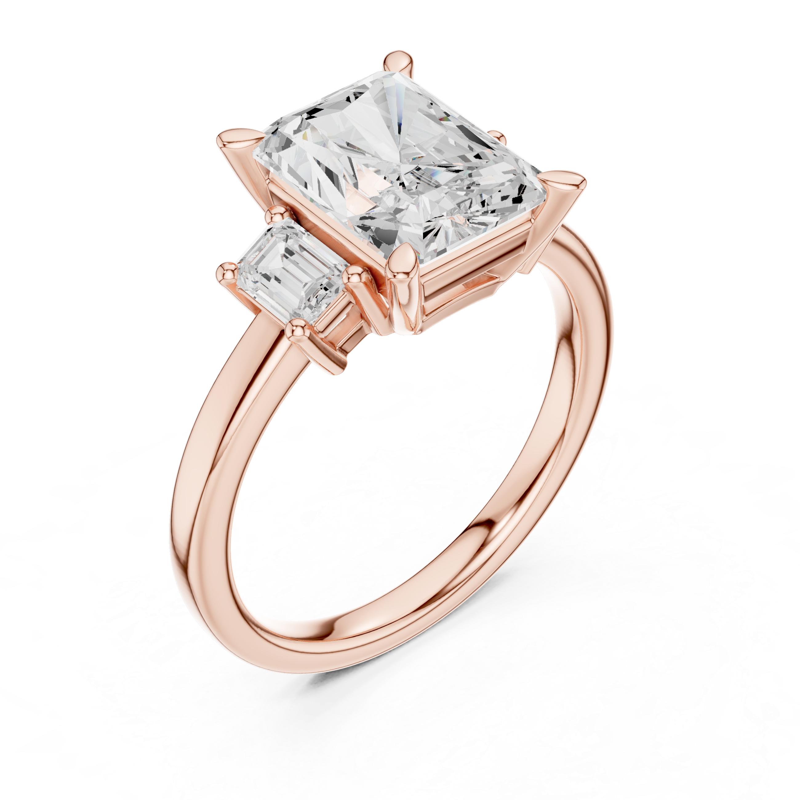 Radiant-Cut Diamond Ring with Emerald-Cut Side Stones in a Classic Three-Stone Setting