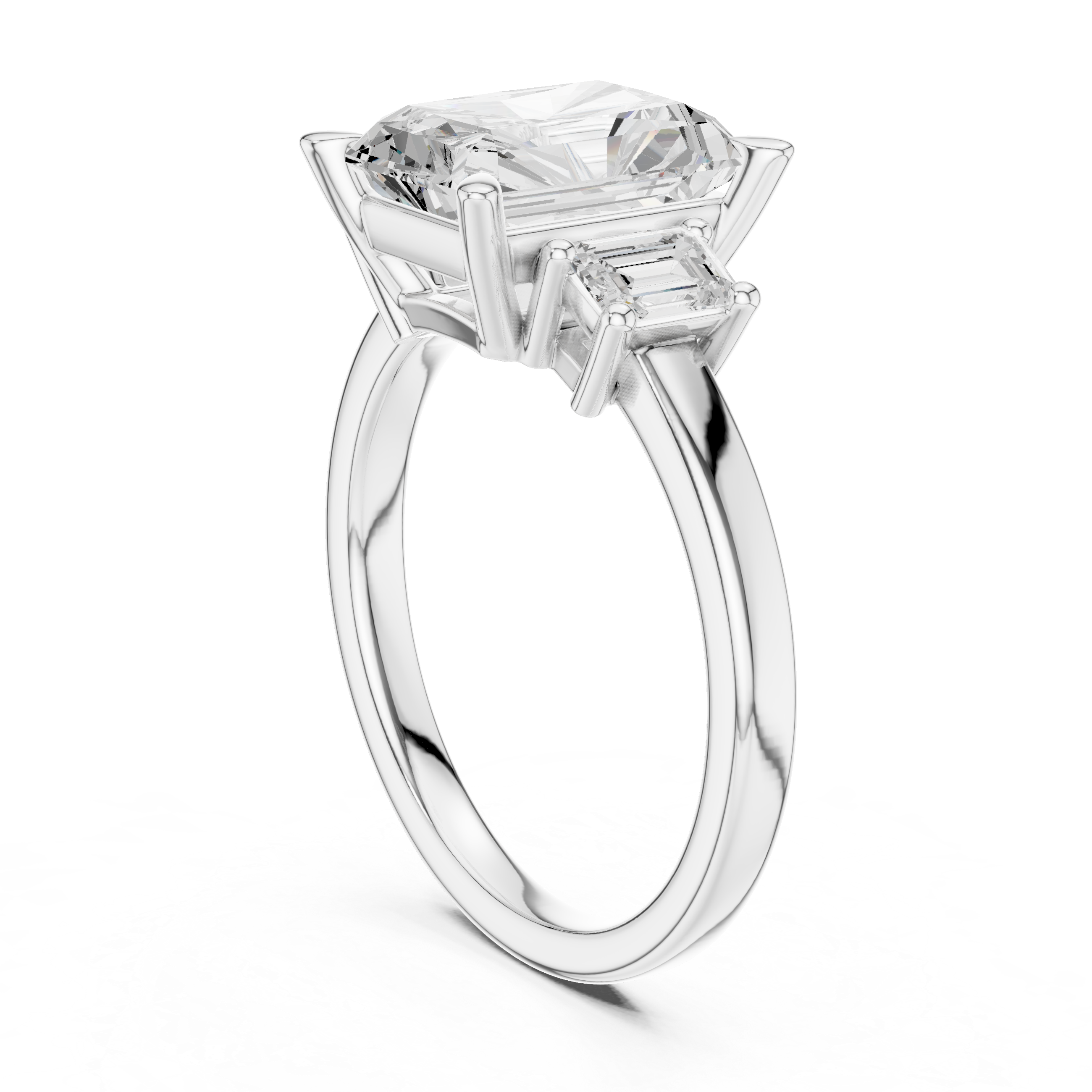 Radiant-Cut Diamond Ring with Emerald-Cut Side Stones in a Classic Three-Stone Setting