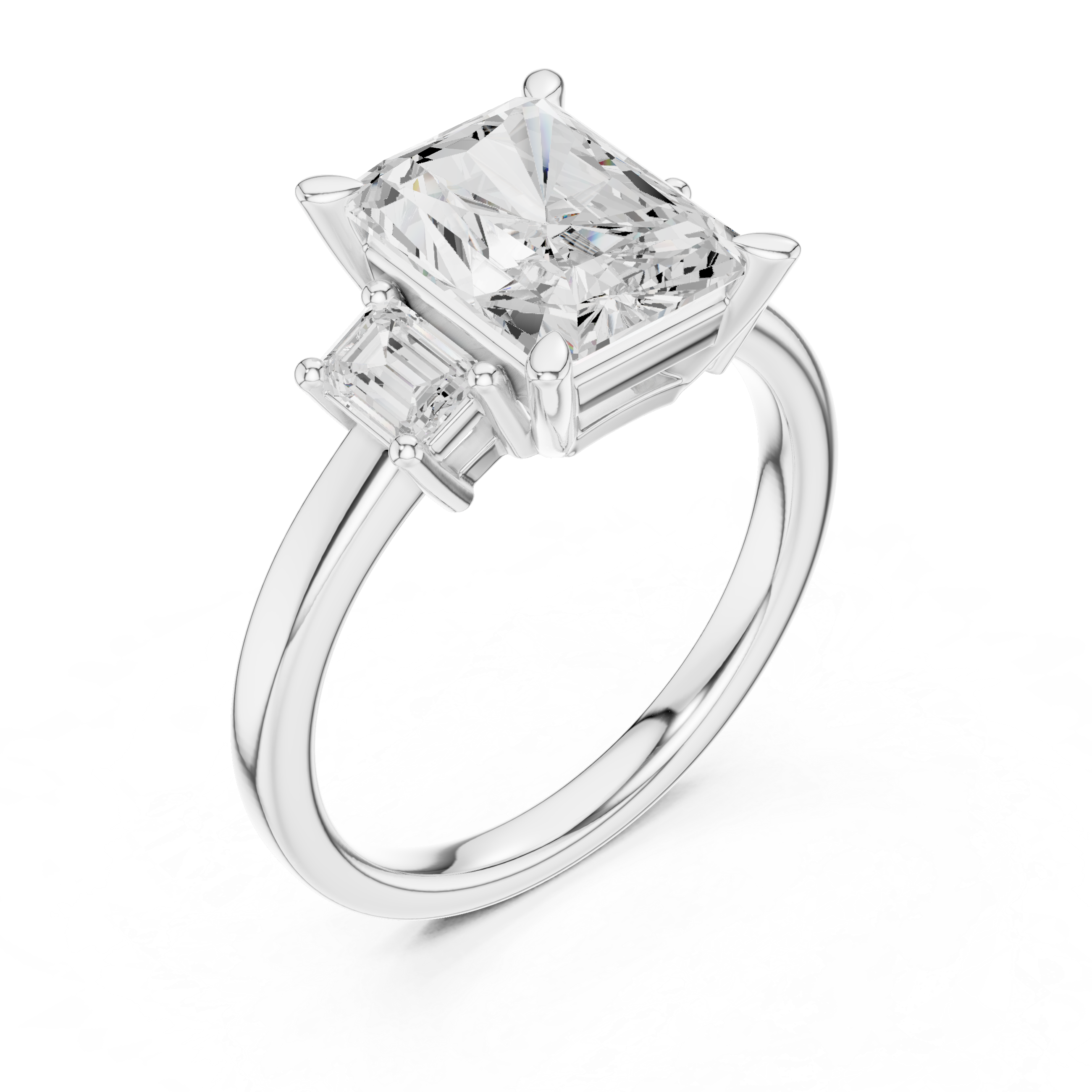 Radiant-Cut Diamond Ring with Emerald-Cut Side Stones in a Classic Three-Stone Setting