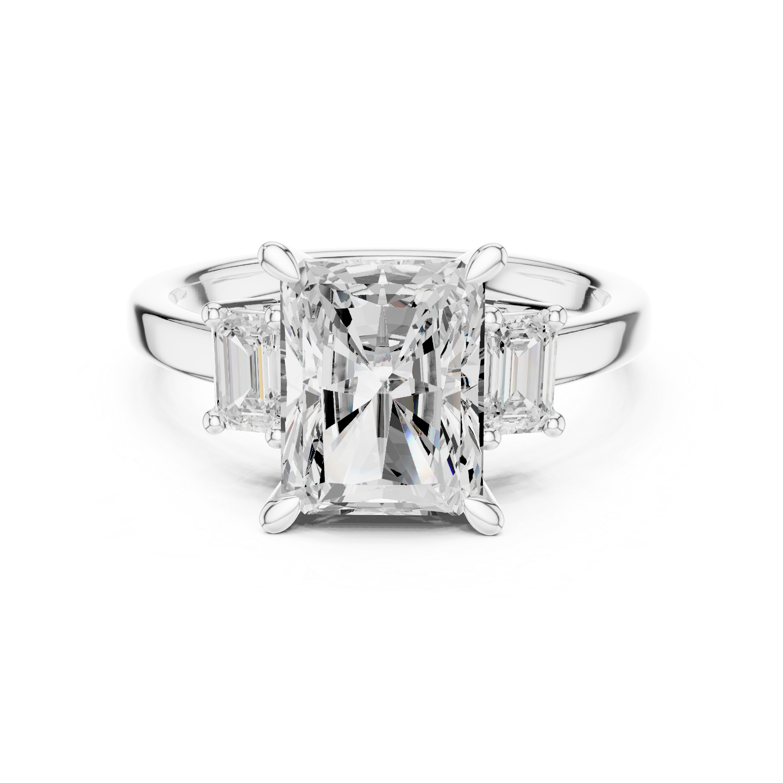 Radiant-Cut Diamond Ring with Emerald-Cut Side Stones in a Classic Three-Stone Setting