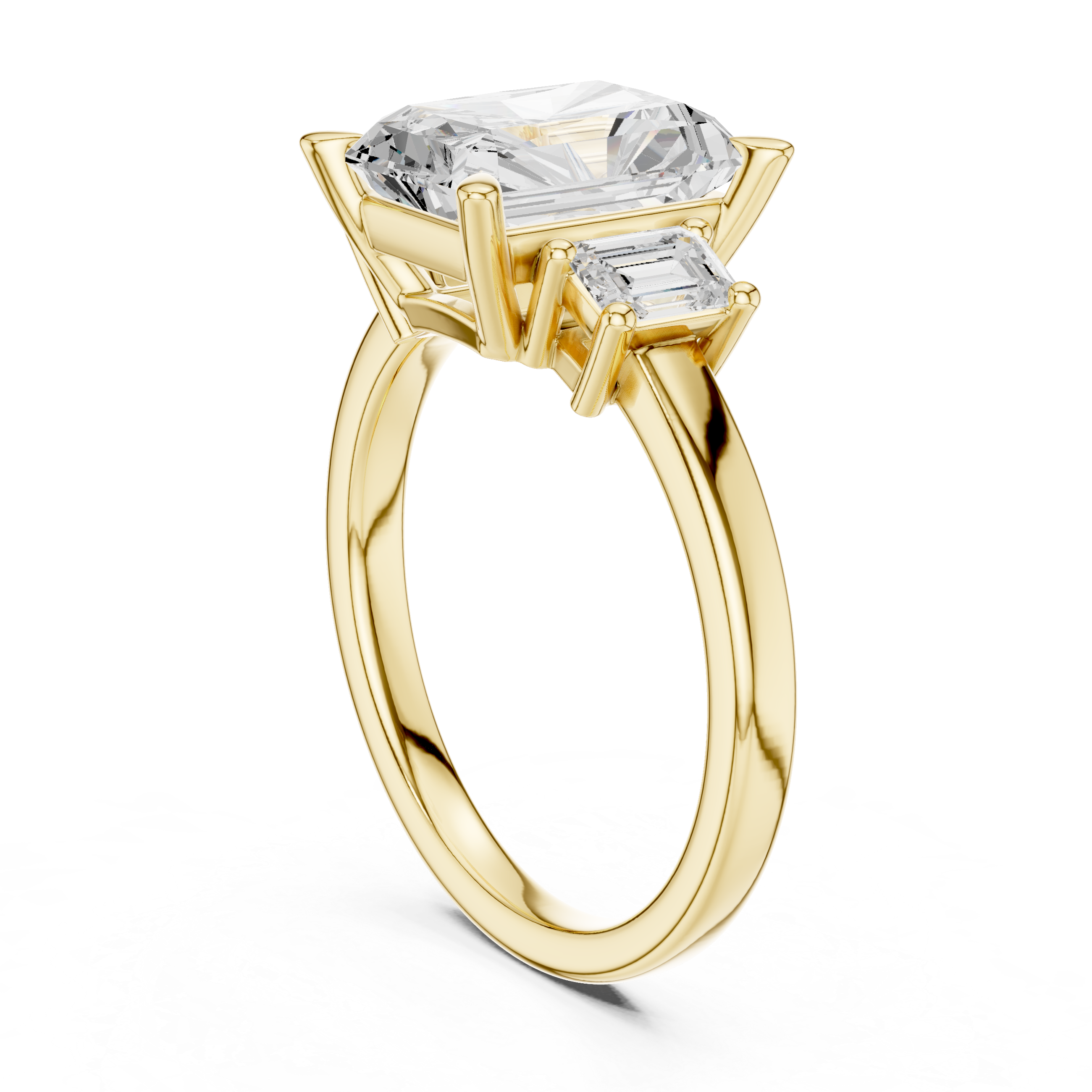 Radiant-Cut Diamond Ring with Emerald-Cut Side Stones in a Classic Three-Stone Setting