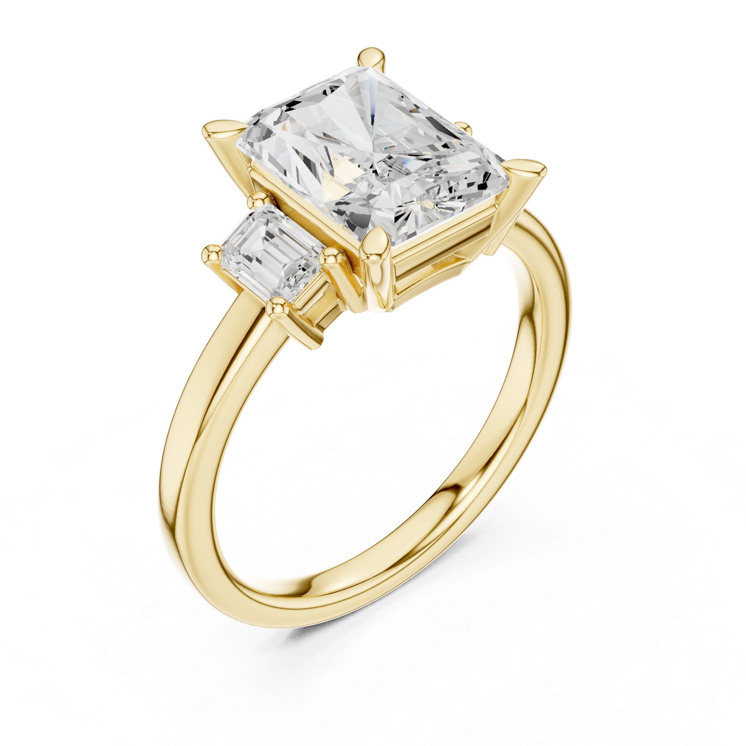 Radiant-Cut Diamond Ring with Emerald-Cut Side Stones in a Classic Three-Stone Setting
