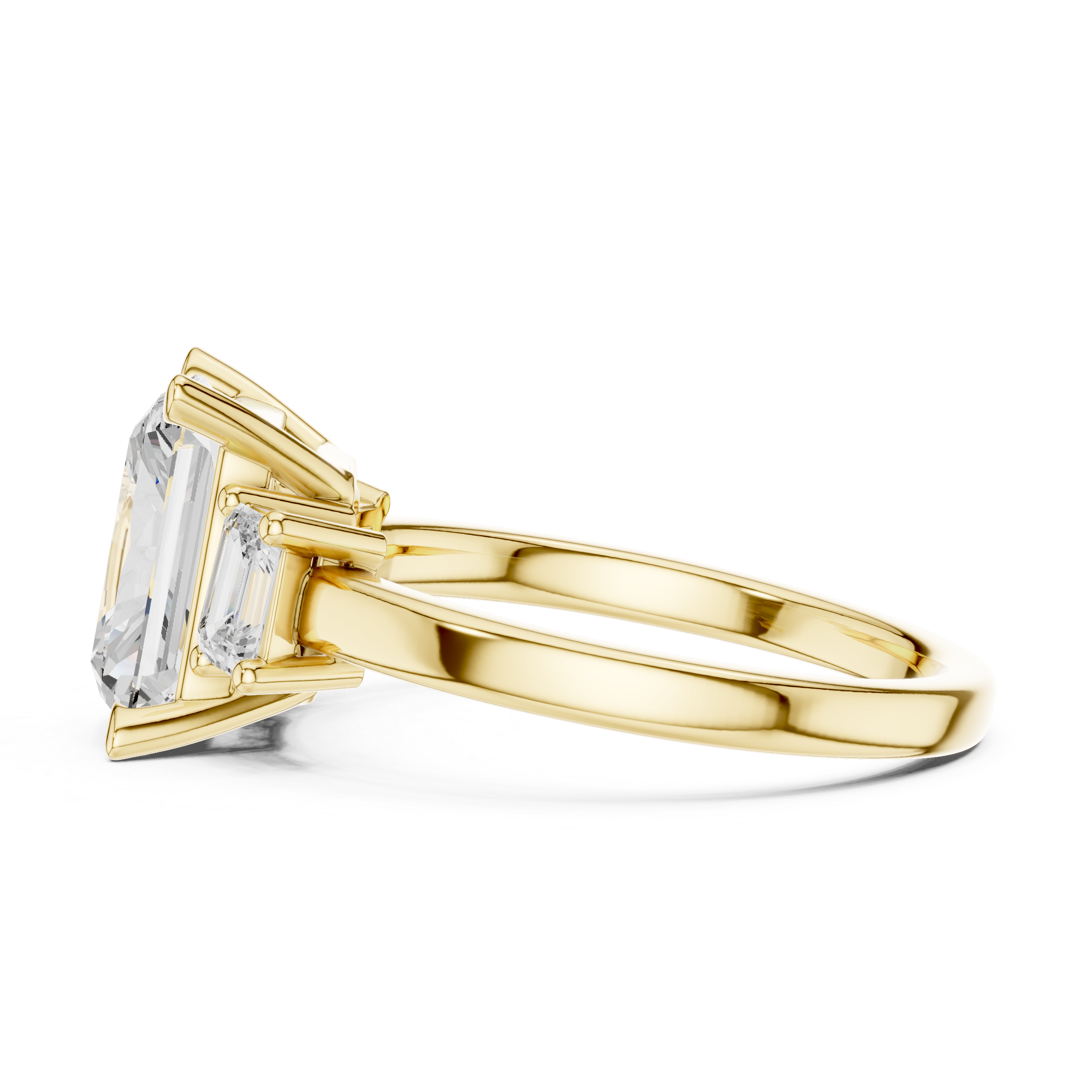 Radiant-Cut Diamond Ring with Emerald-Cut Side Stones in a Classic Three-Stone Setting