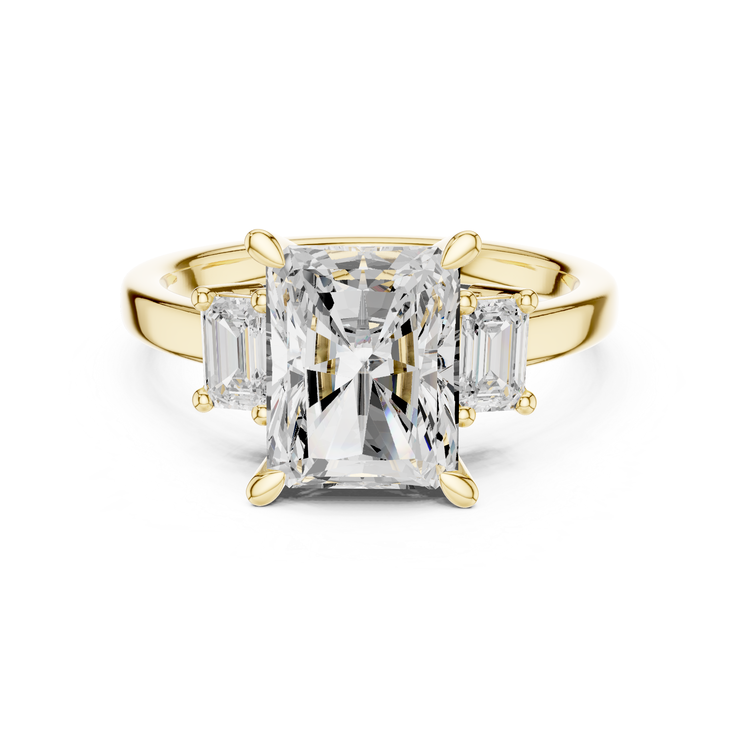 Radiant-Cut Diamond Ring with Emerald-Cut Side Stones in a Classic Three-Stone Setting