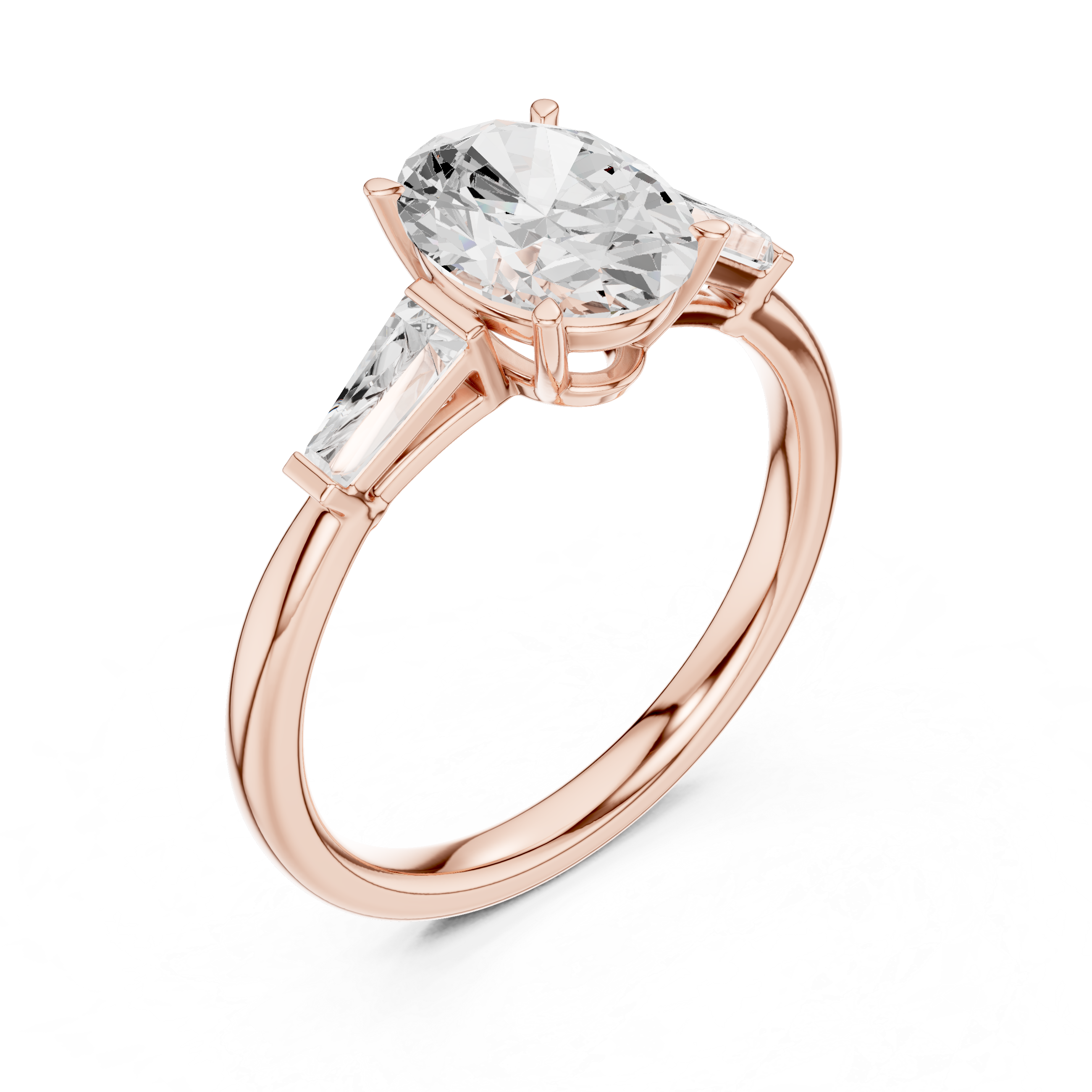 Oval-Cut Diamond Ring with Tapered Baguette Side Stones and Sleek Band