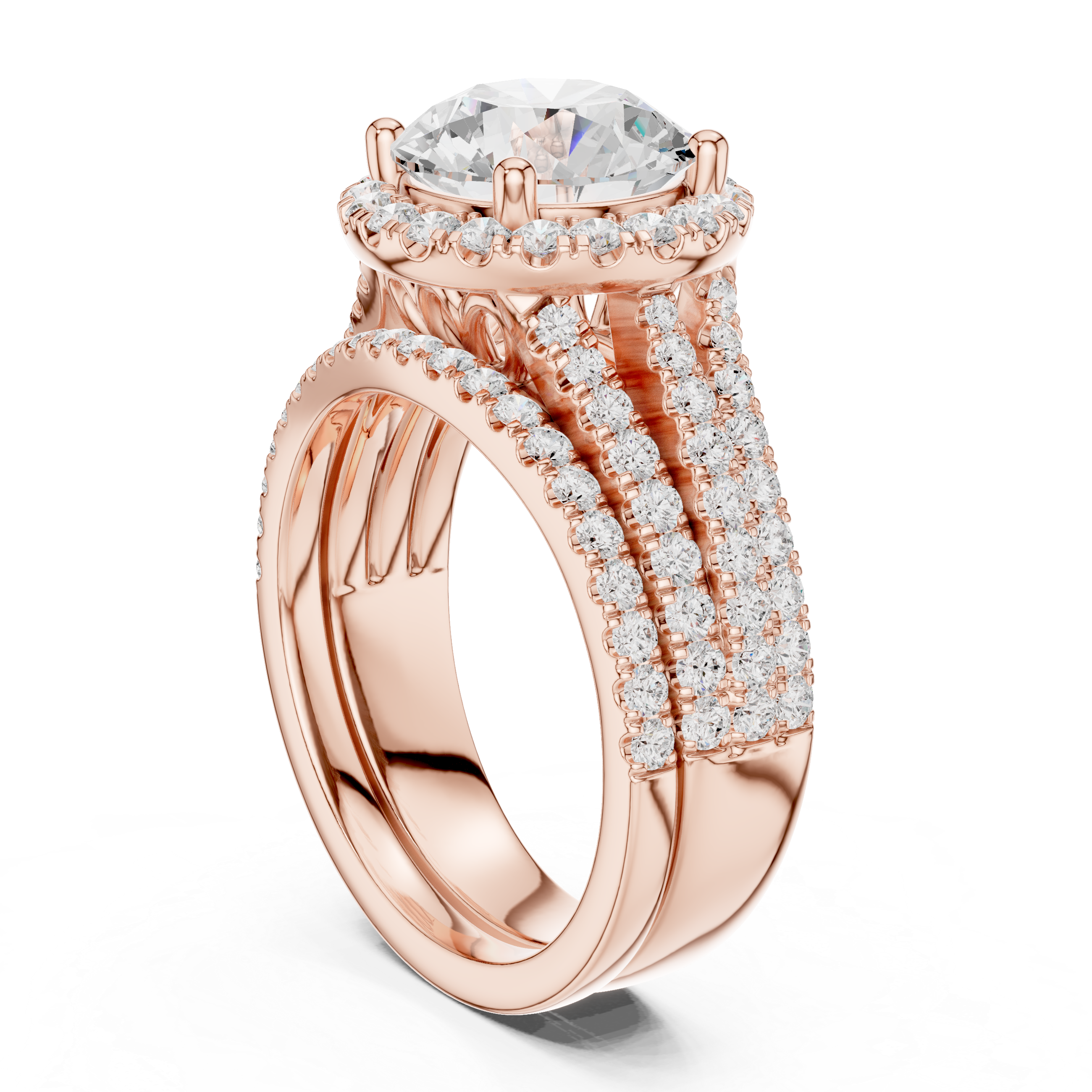Round-Cut Diamond Halo Ring with Triple Pav‚ Band