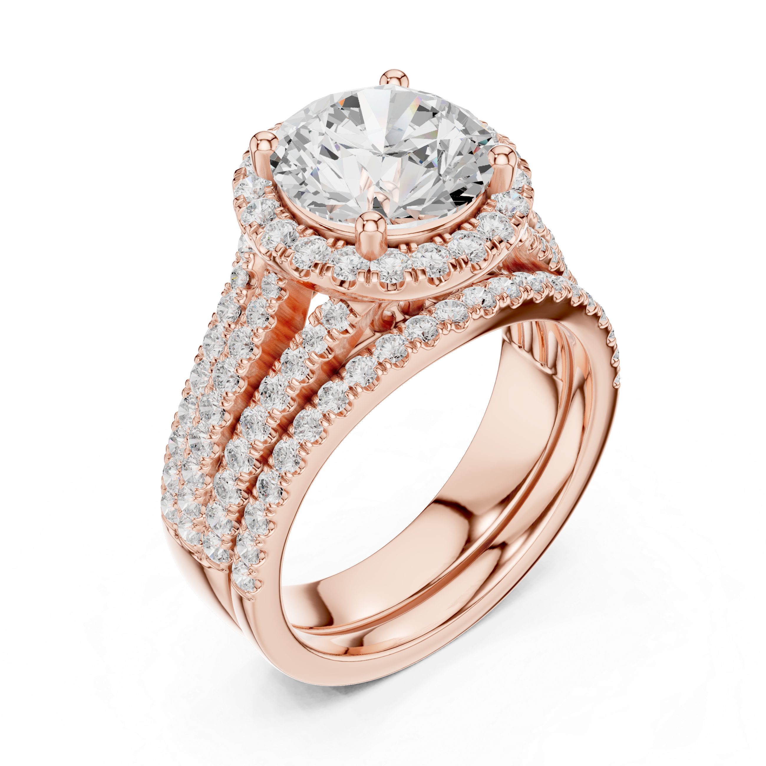 Round-Cut Diamond Halo Ring with Triple Pav‚ Band