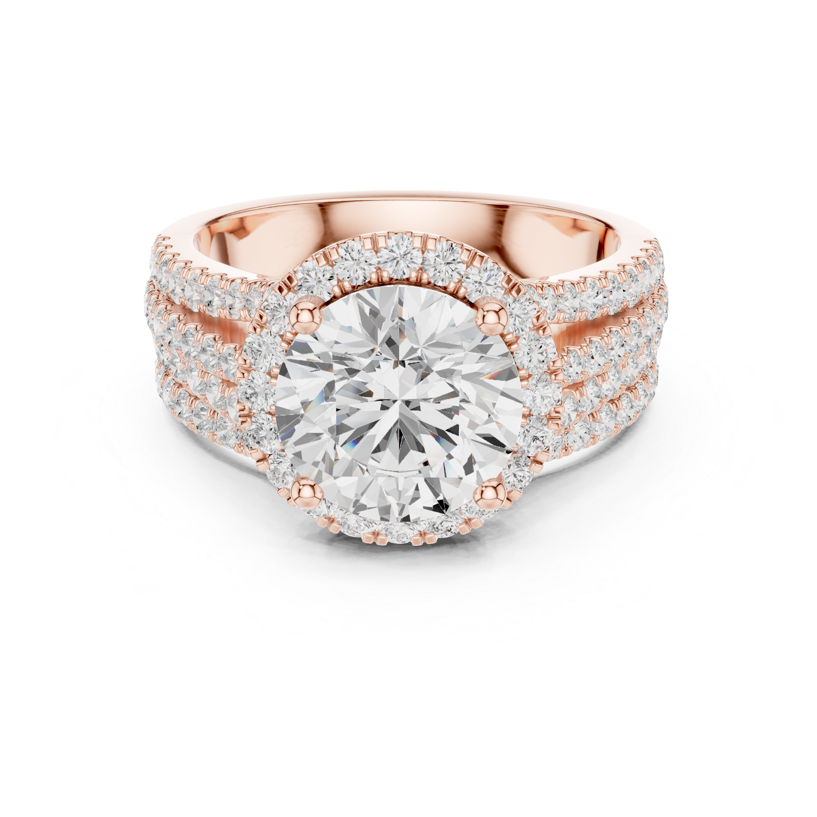 Round-Cut Diamond Halo Ring with Triple Pav‚ Band