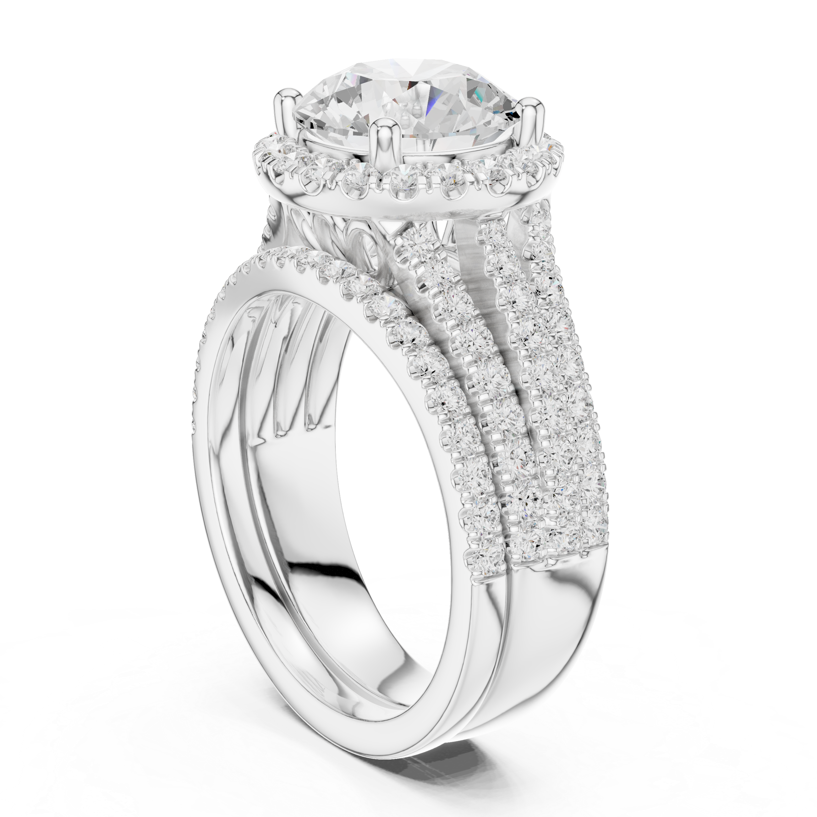 Round-Cut Diamond Halo Ring with Triple Pav‚ Band