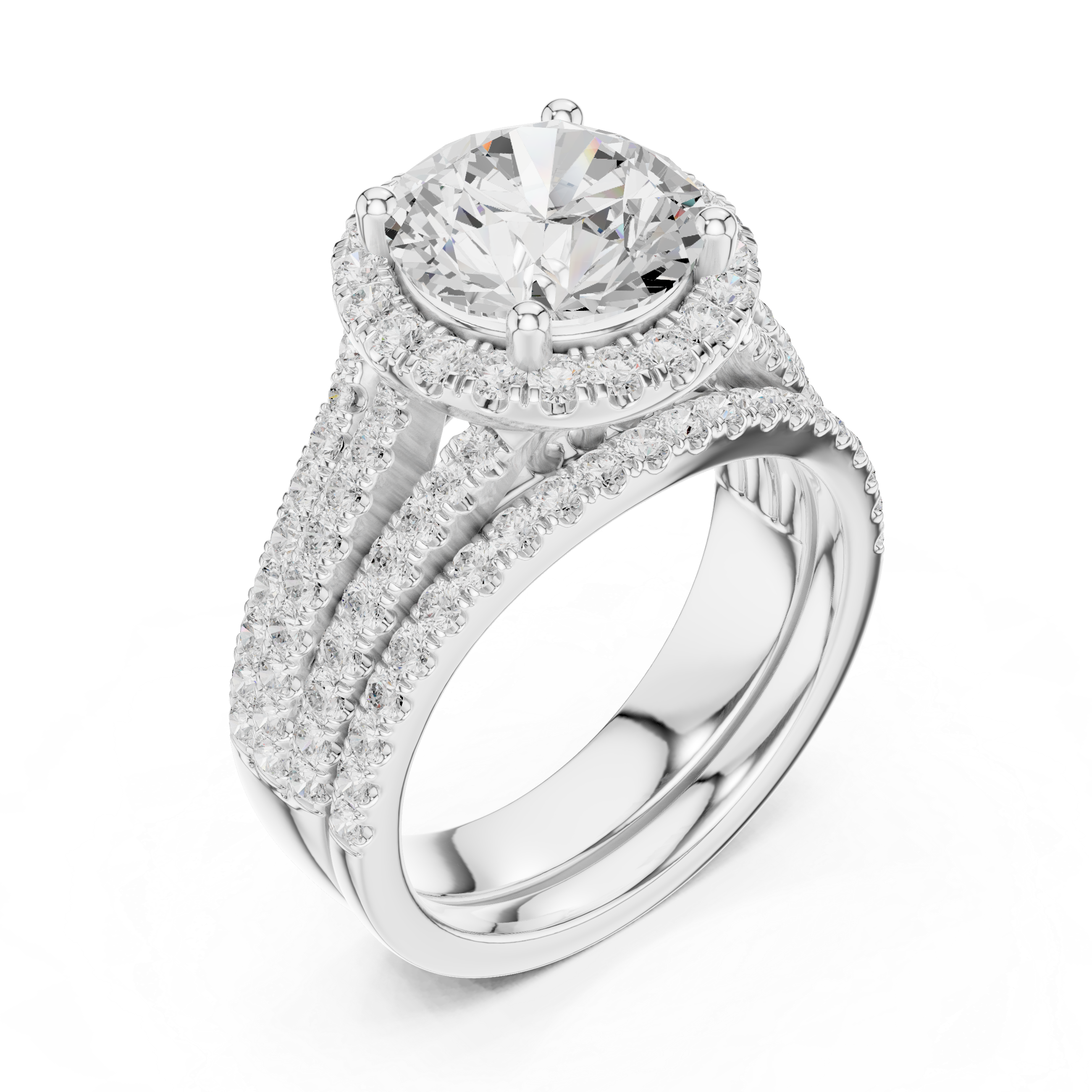 Round-Cut Diamond Halo Ring with Triple Pav‚ Band
