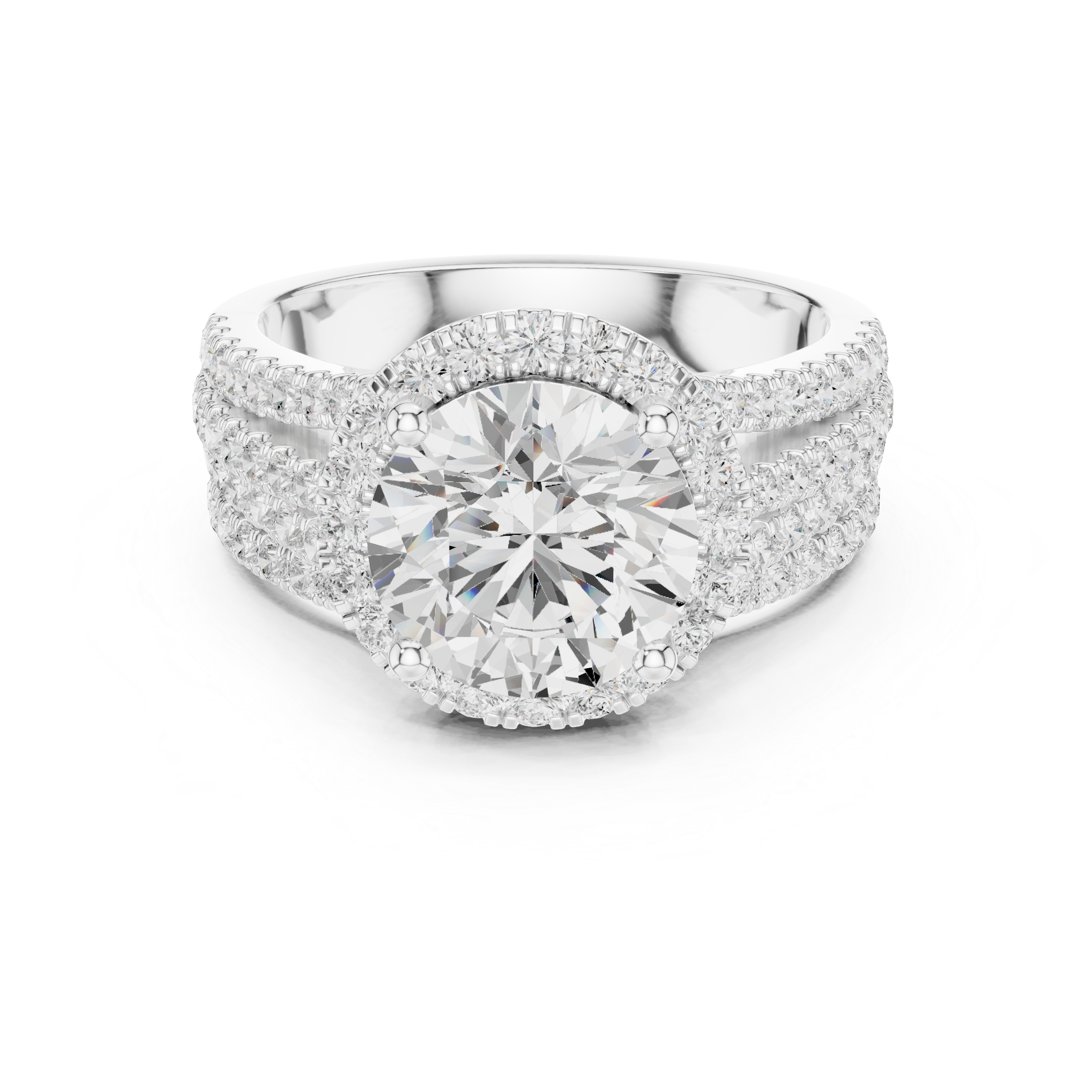 Round-Cut Diamond Halo Ring with Triple Pav‚ Band