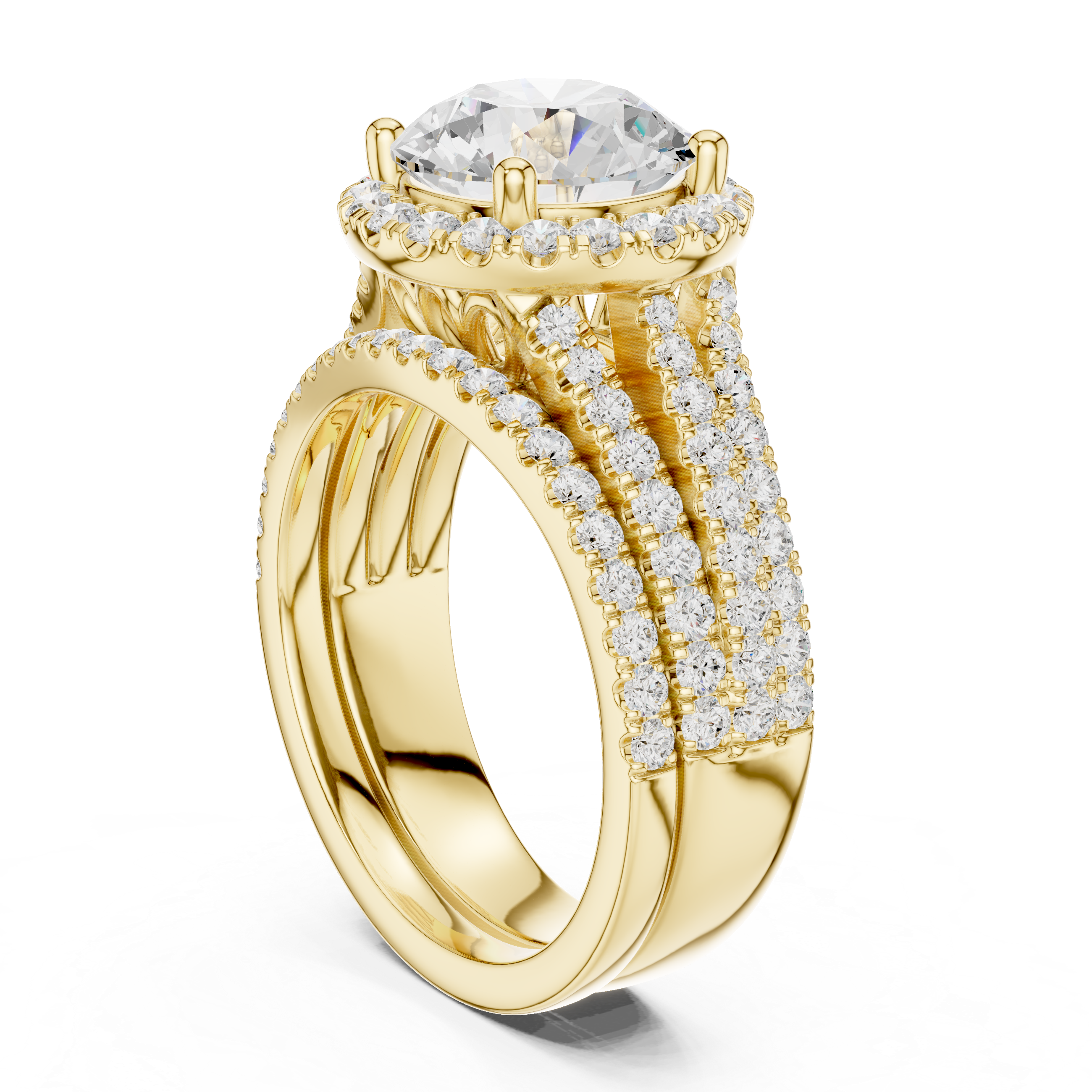 Round-Cut Diamond Halo Ring with Triple Pav‚ Band