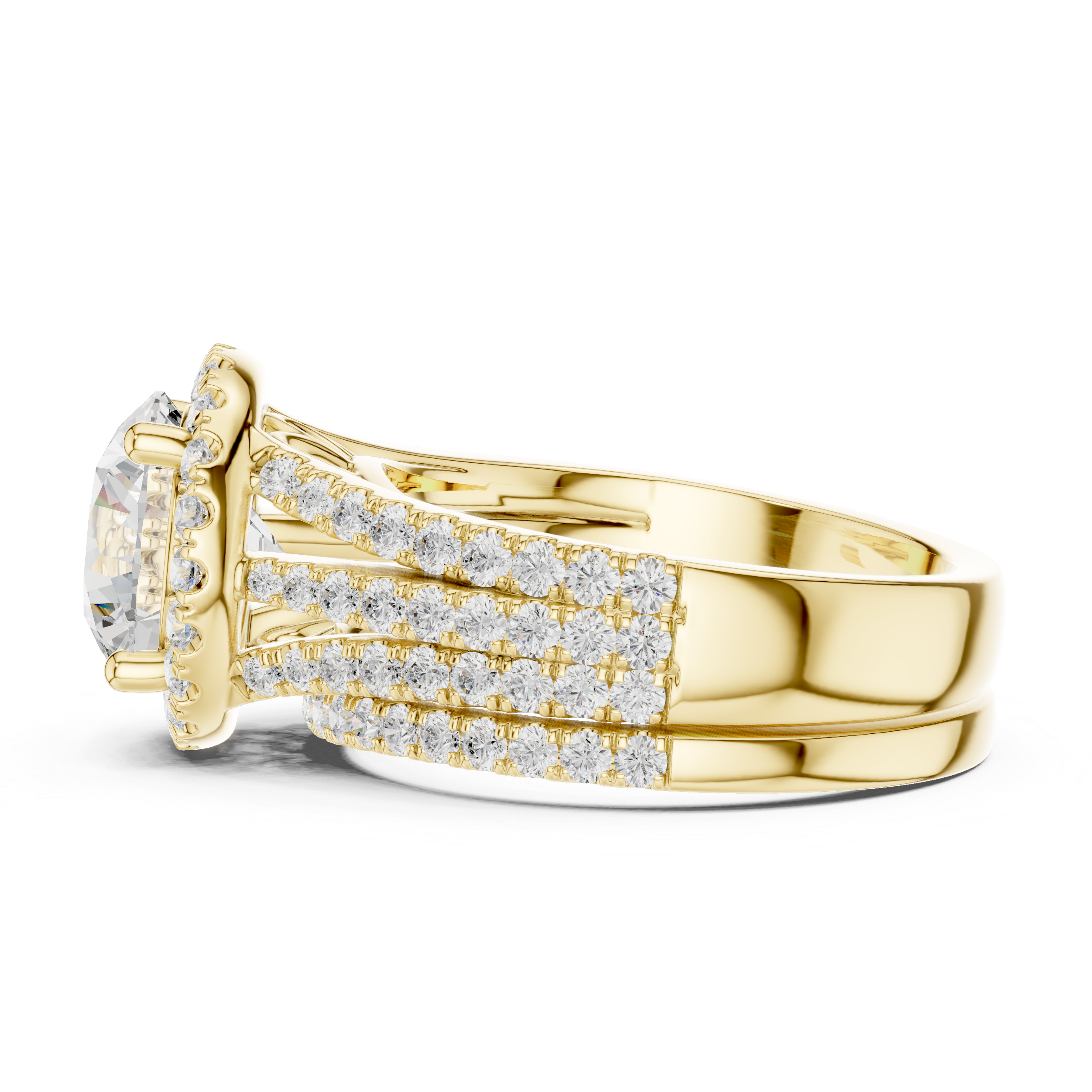 Round-Cut Diamond Halo Ring with Triple Pav‚ Band