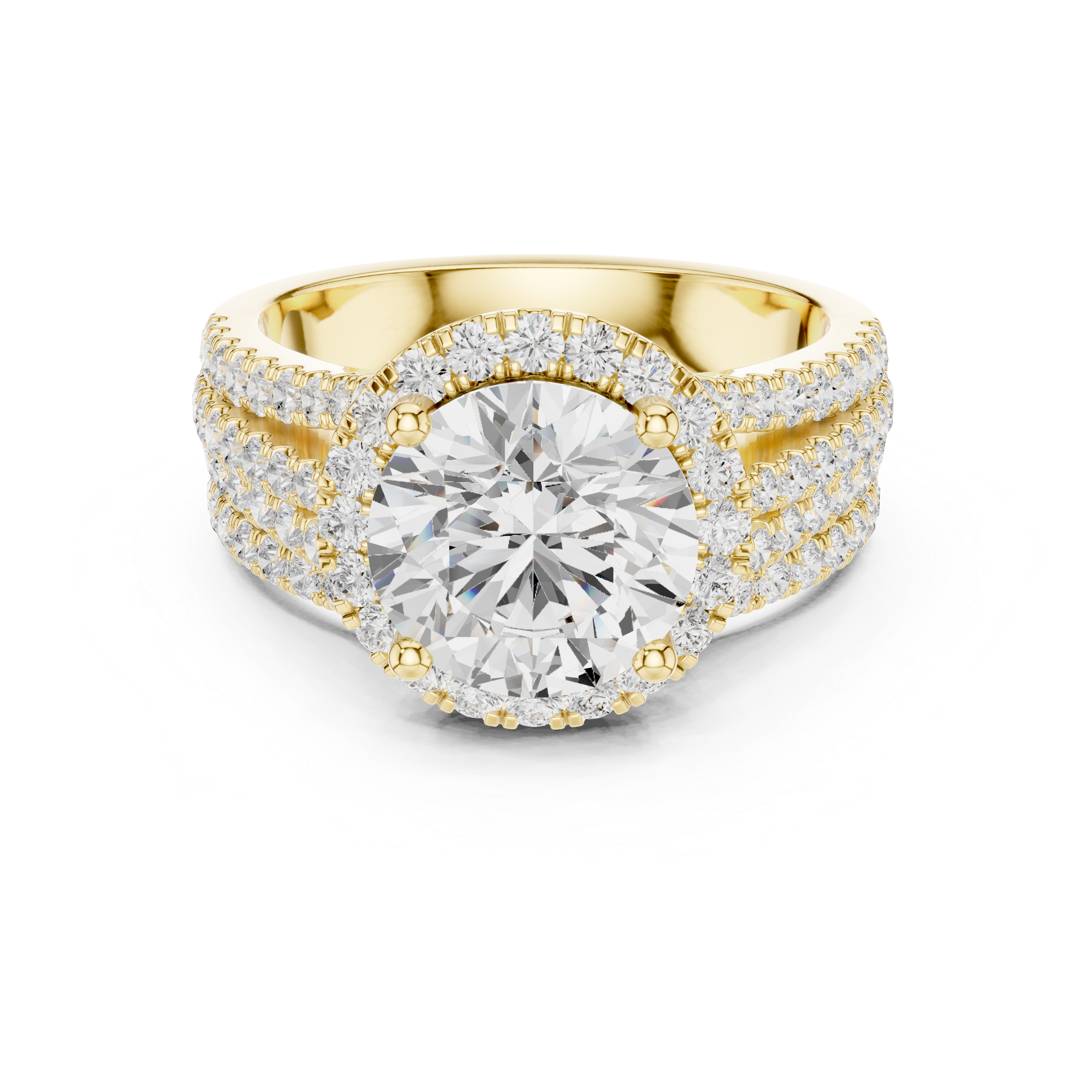 Round-Cut Diamond Halo Ring with Triple Pav‚ Band