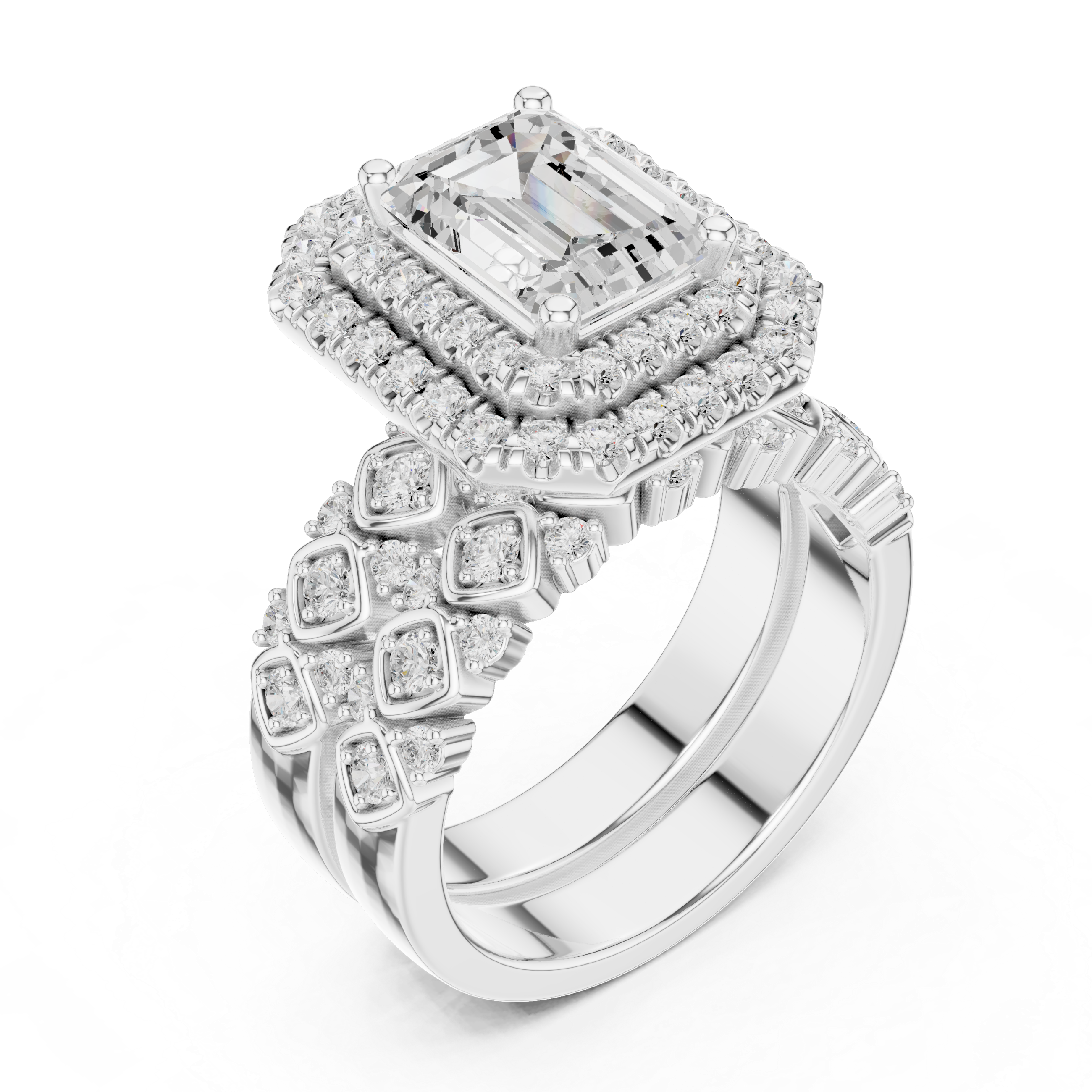 Emerald-Cut Diamond Double Halo Ring with Intricate