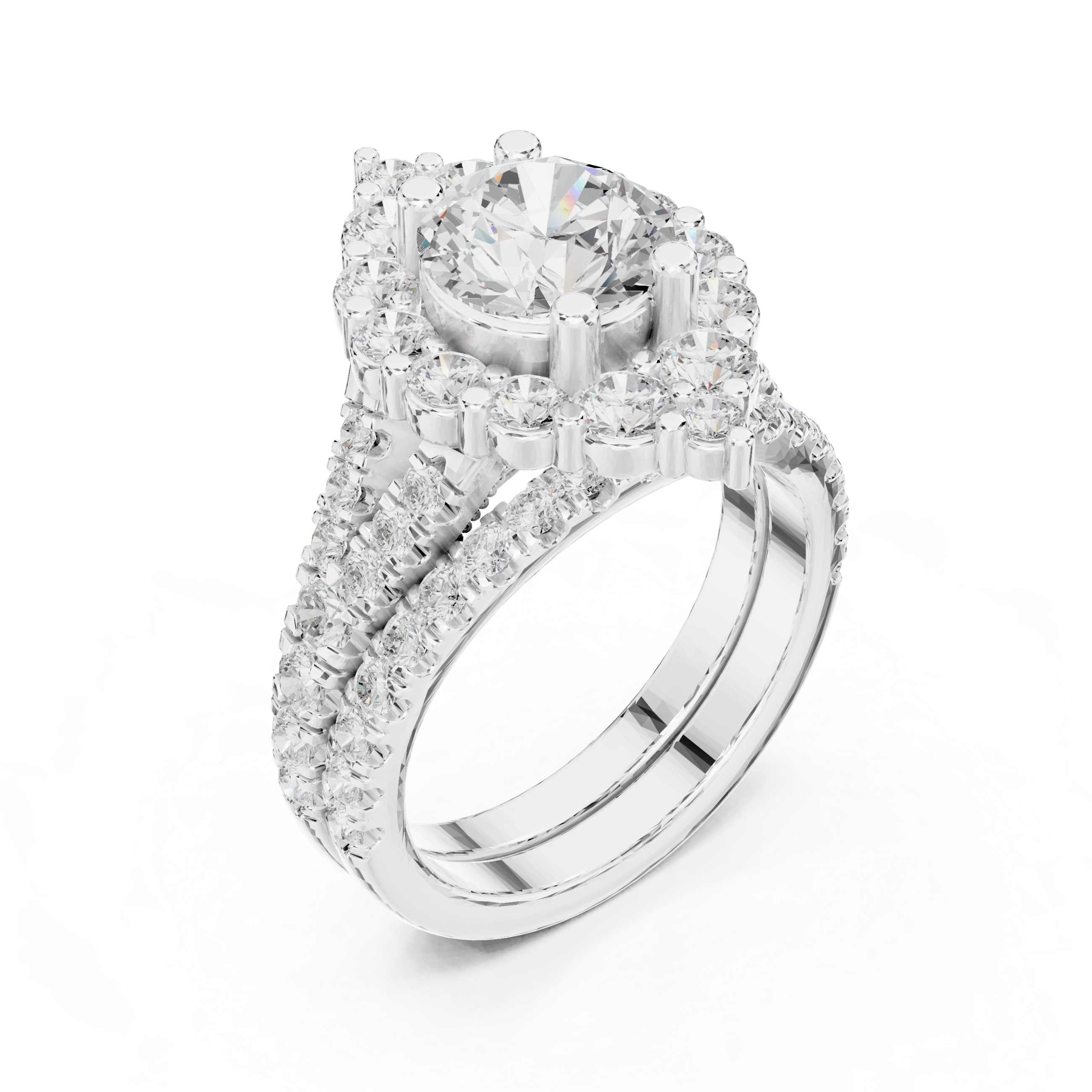 Round-Cut Diamond Marquise Halo Ring with Split Pav‚ Band