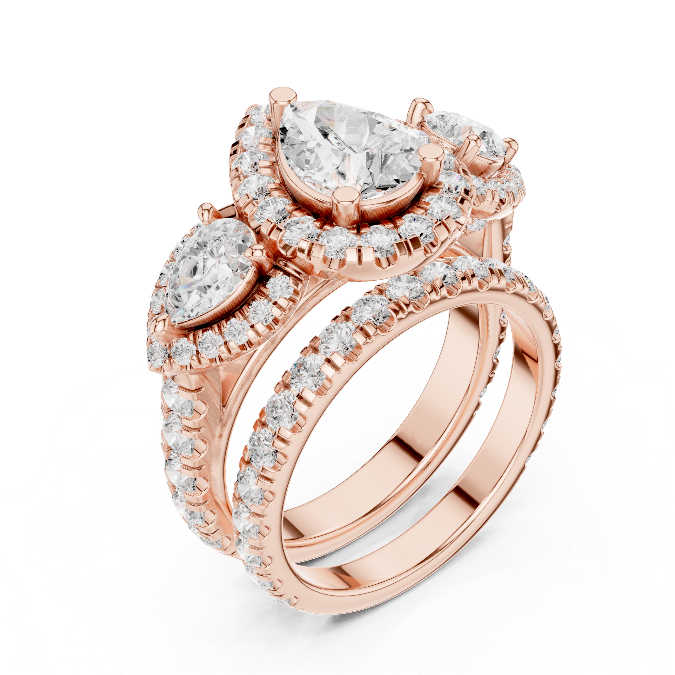 Pear-Shaped Diamond Triple Halo Ring with Side Pear Diamonds