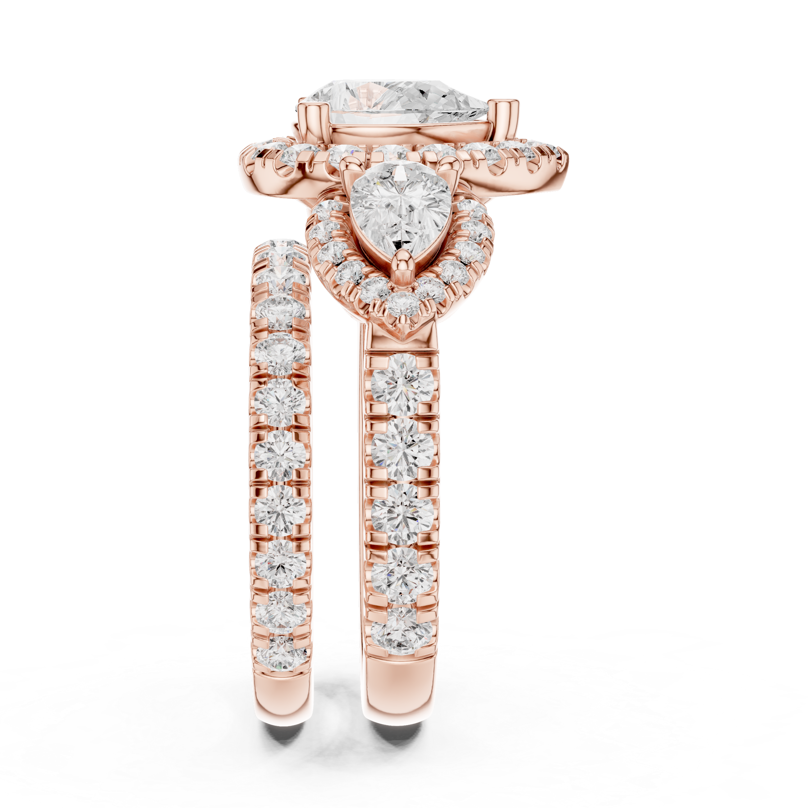 Pear-Shaped Diamond Triple Halo Ring with Side Pear Diamonds