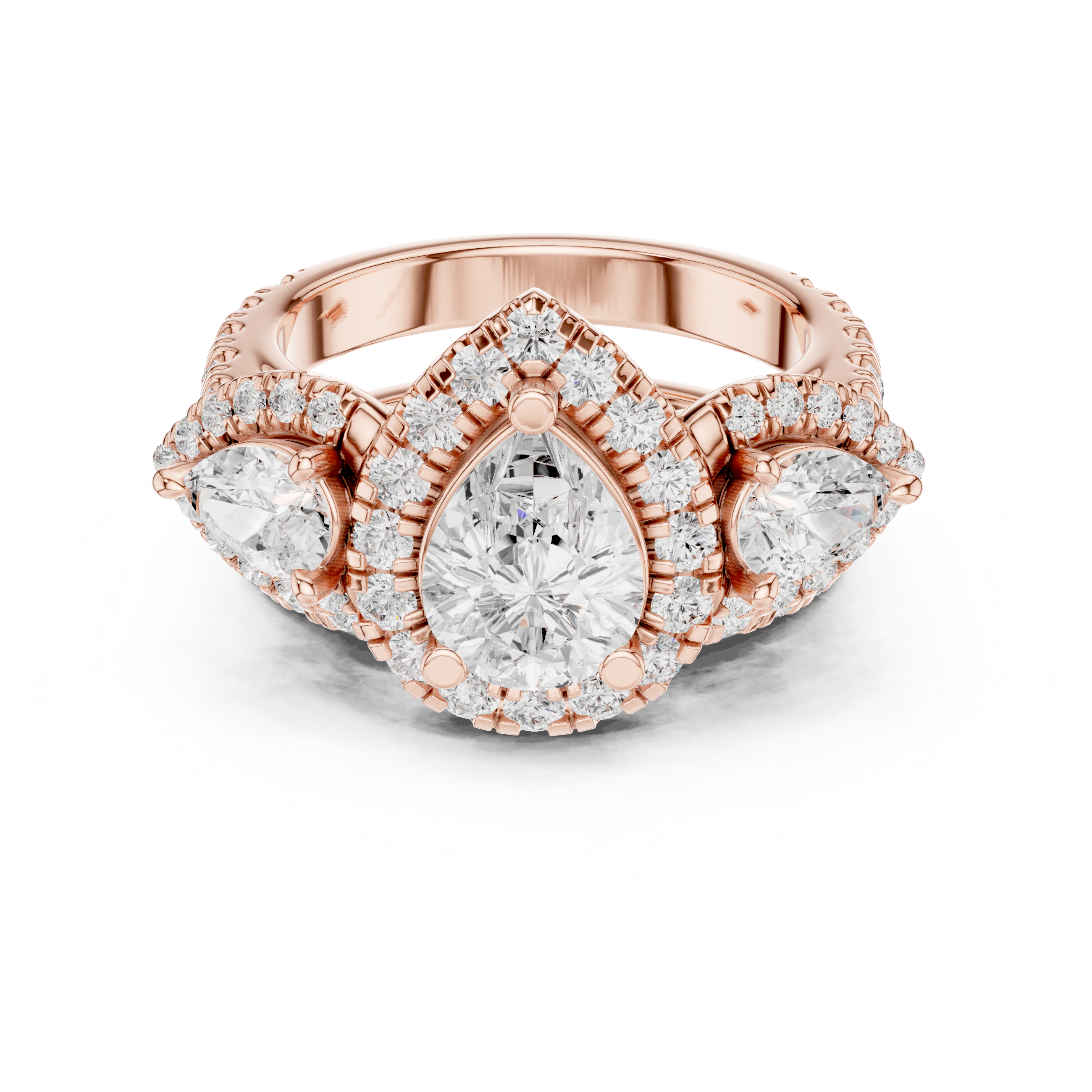 Pear-Shaped Diamond Triple Halo Ring with Side Pear Diamonds