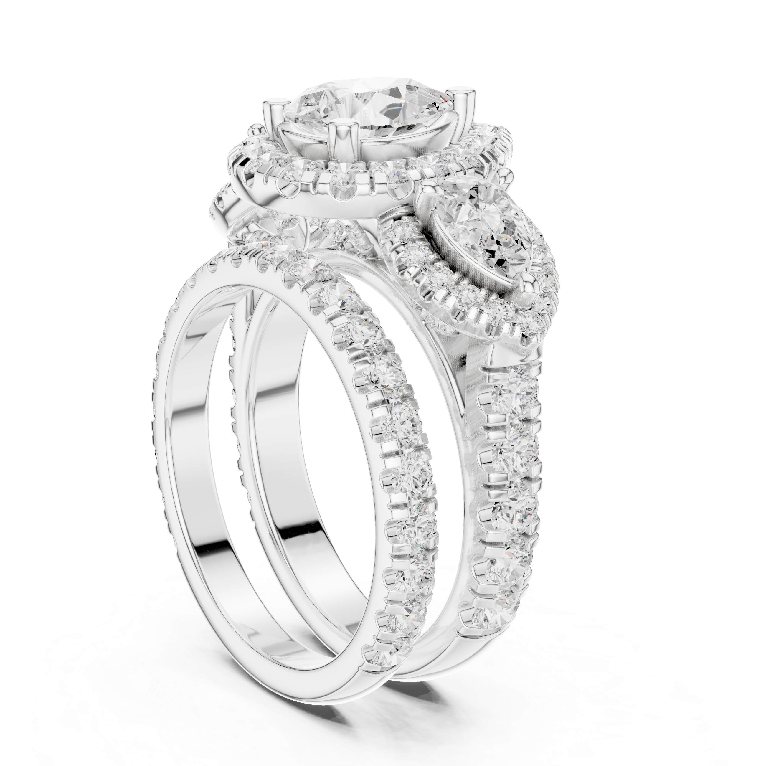 Pear-Shaped Diamond Triple Halo Ring with Side Pear Diamonds